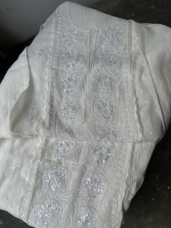 MUL CHANDERI KURTA AND DUPATTA With  Fine Lucknowi Chikankari and Beads work - Image 4