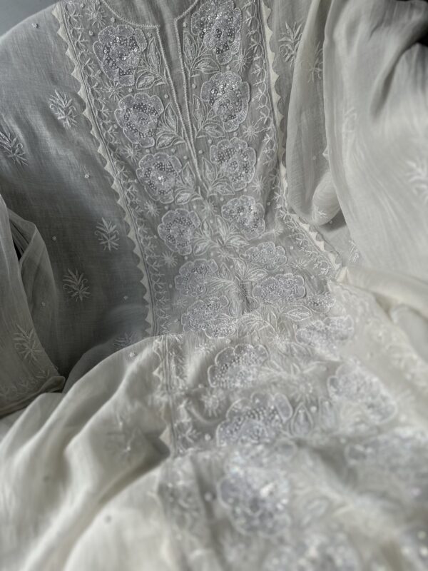 MUL CHANDERI KURTA AND DUPATTA With  Fine Lucknowi Chikankari and Beads work - Image 6