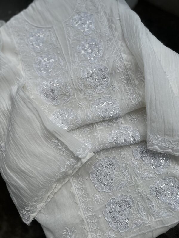 MUL CHANDERI KURTA AND DUPATTA With  Fine Lucknowi Chikankari and Beads work - Image 7
