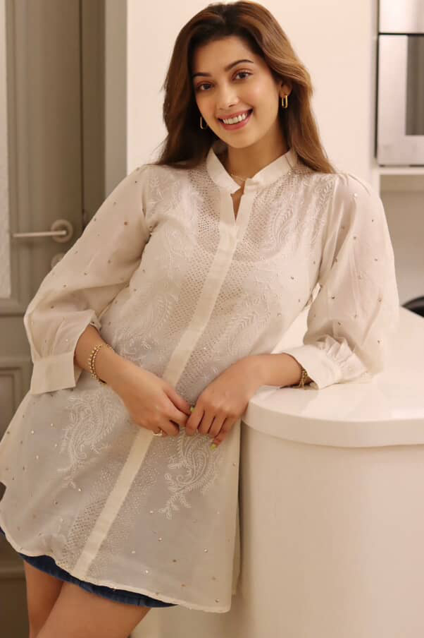 CHANDERI CHIKANKARI SHIRT With Fine Lucknowi Chikankari and mukaish work - Image 3