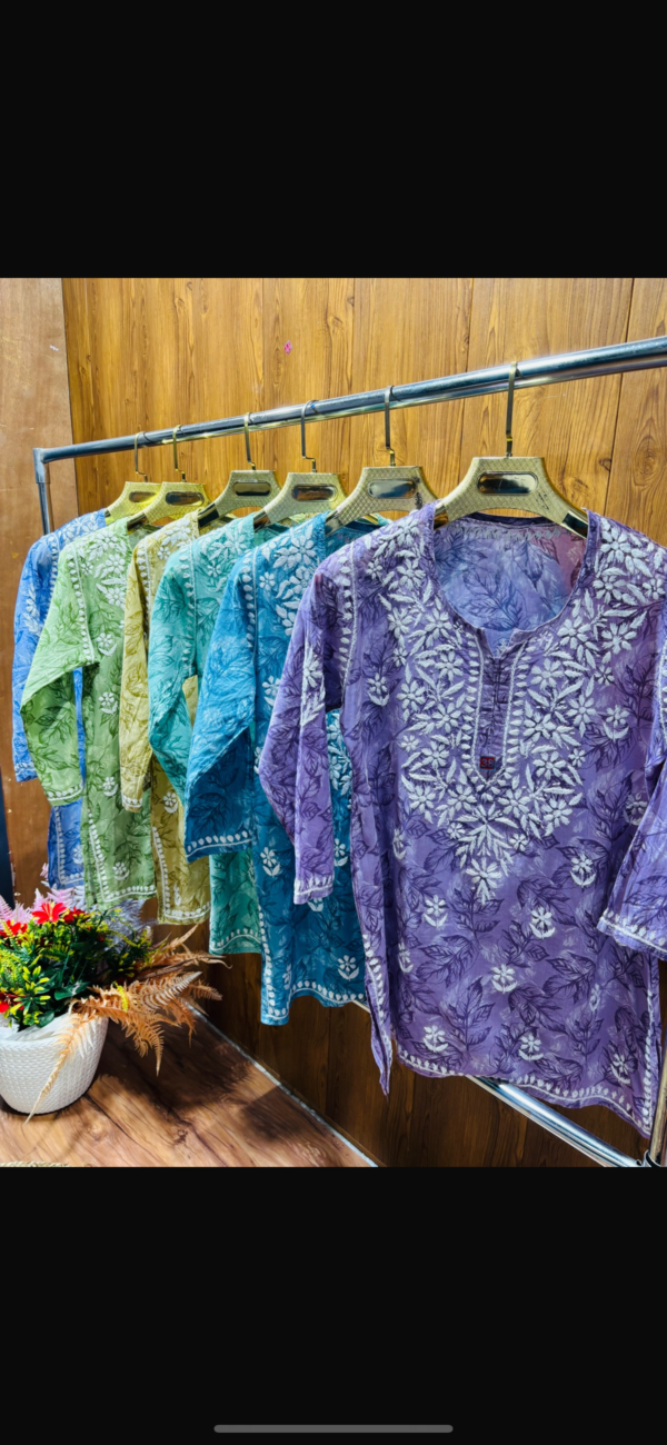 Printed Mul Mul Short  Kurti With Lucknowi Chikankari