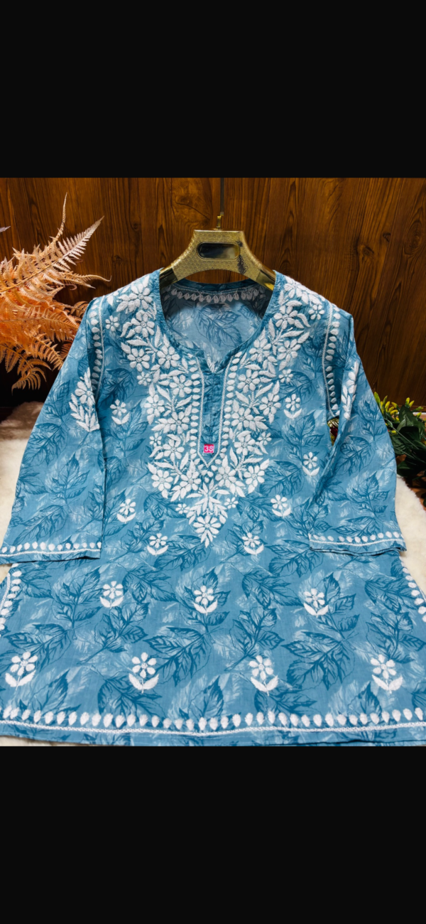 Printed Mul Mul Short  Kurti With Lucknowi Chikankari - Image 5