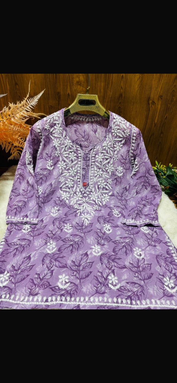 Printed Mul Mul Short  Kurti With Lucknowi Chikankari - Image 7