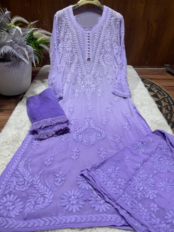 Viscose Georgette Chikankari Plazzo Set With Chiffon Lace Dupatta - Image 3