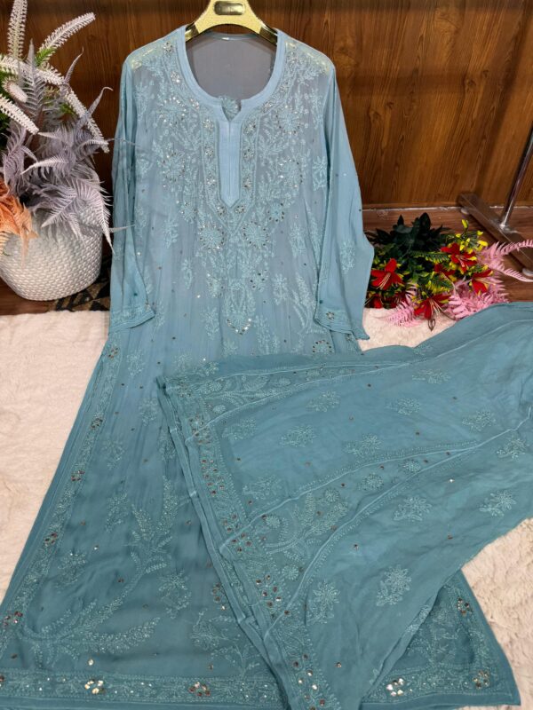Viscose Georgette Chikankari  Mukaish Kurti & Kalidaar Sharara set - Image 4