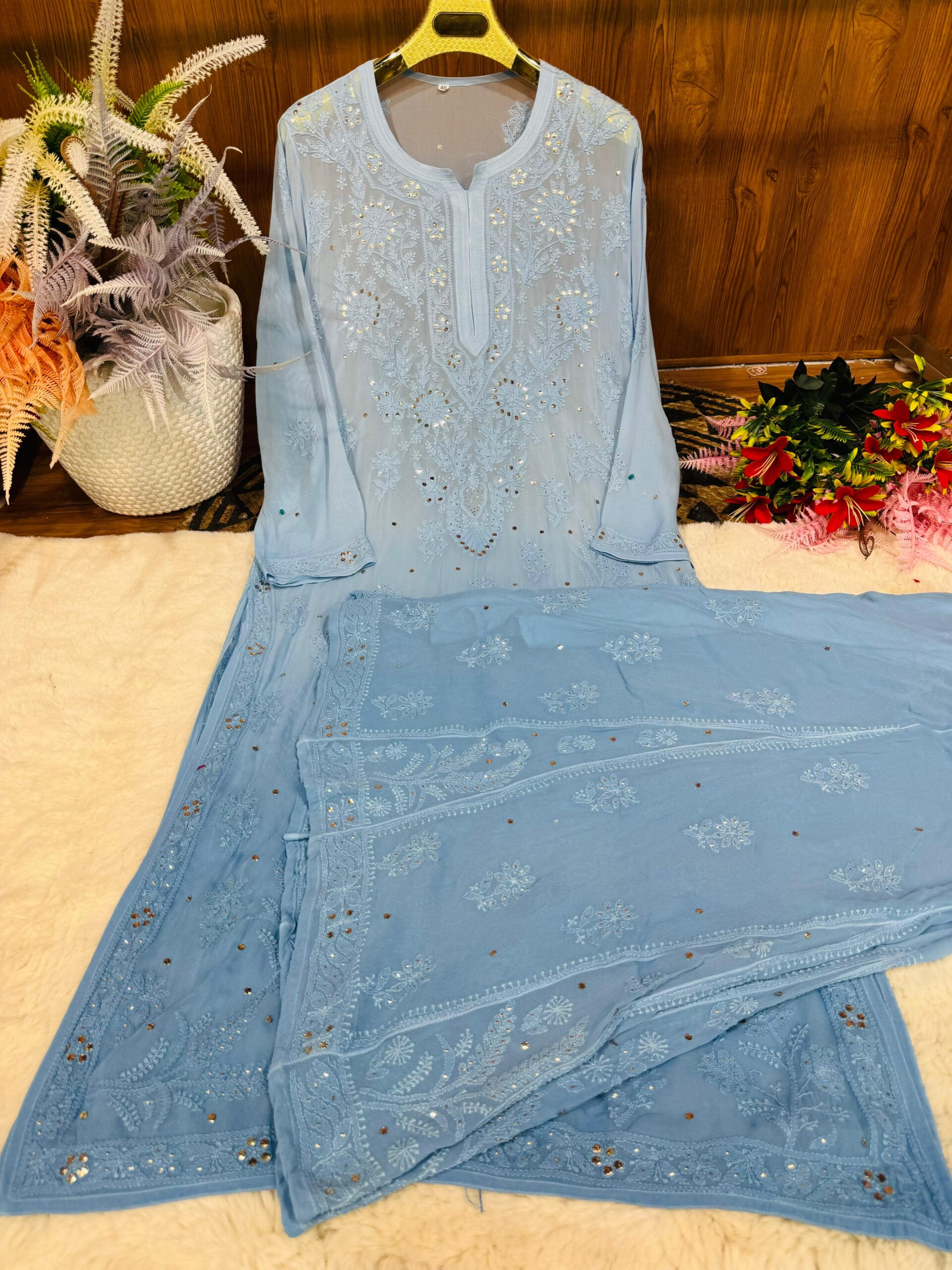 Viscose Georgette Chikankari  Mukaish Kurti & Kalidaar Sharara set