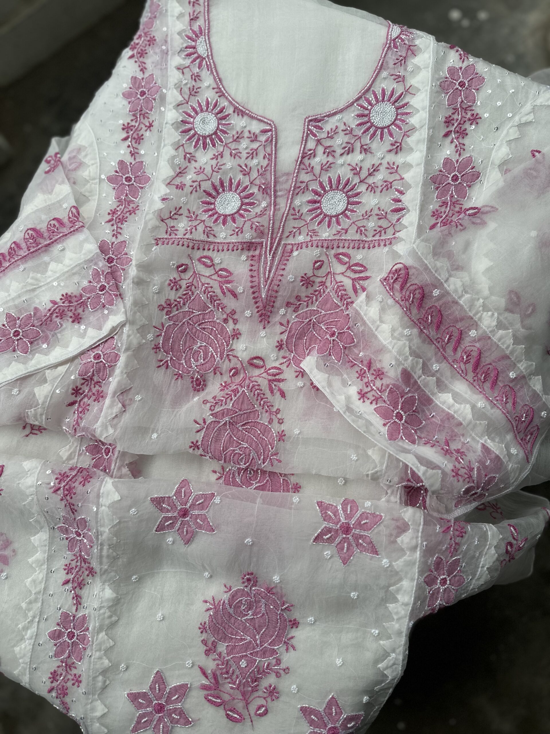 Noor Organza Applique Chikankari kurta and dupatta set  with fine lucknowi chikankari