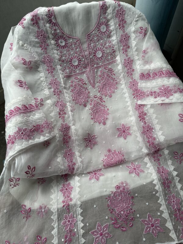 Noor Organza Applique Chikankari kurta and dupatta set  with fine lucknowi chikankari - Image 5