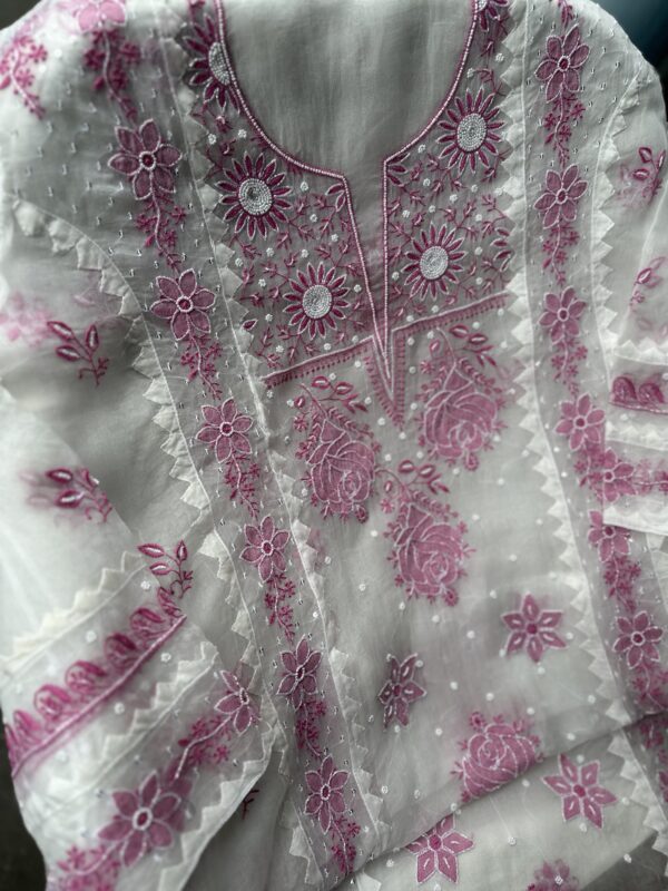 Noor Organza Applique Chikankari kurta and dupatta set  with fine lucknowi chikankari - Image 4