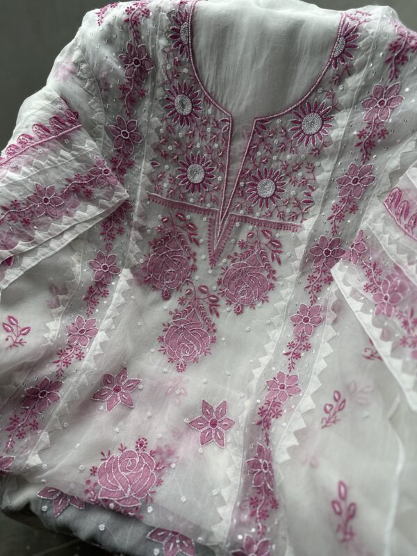 Noor Organza Applique Chikankari kurta and dupatta set  with fine lucknowi chikankari - Image 6