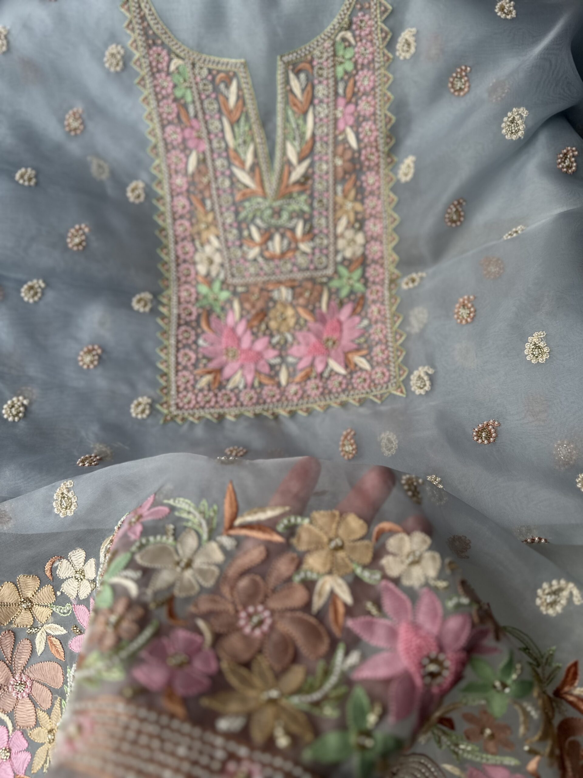 Pure Organza Silk Unstitched Fabric With Dupatta With Fine Lucknowi Chikankari Beads And Pearls Work