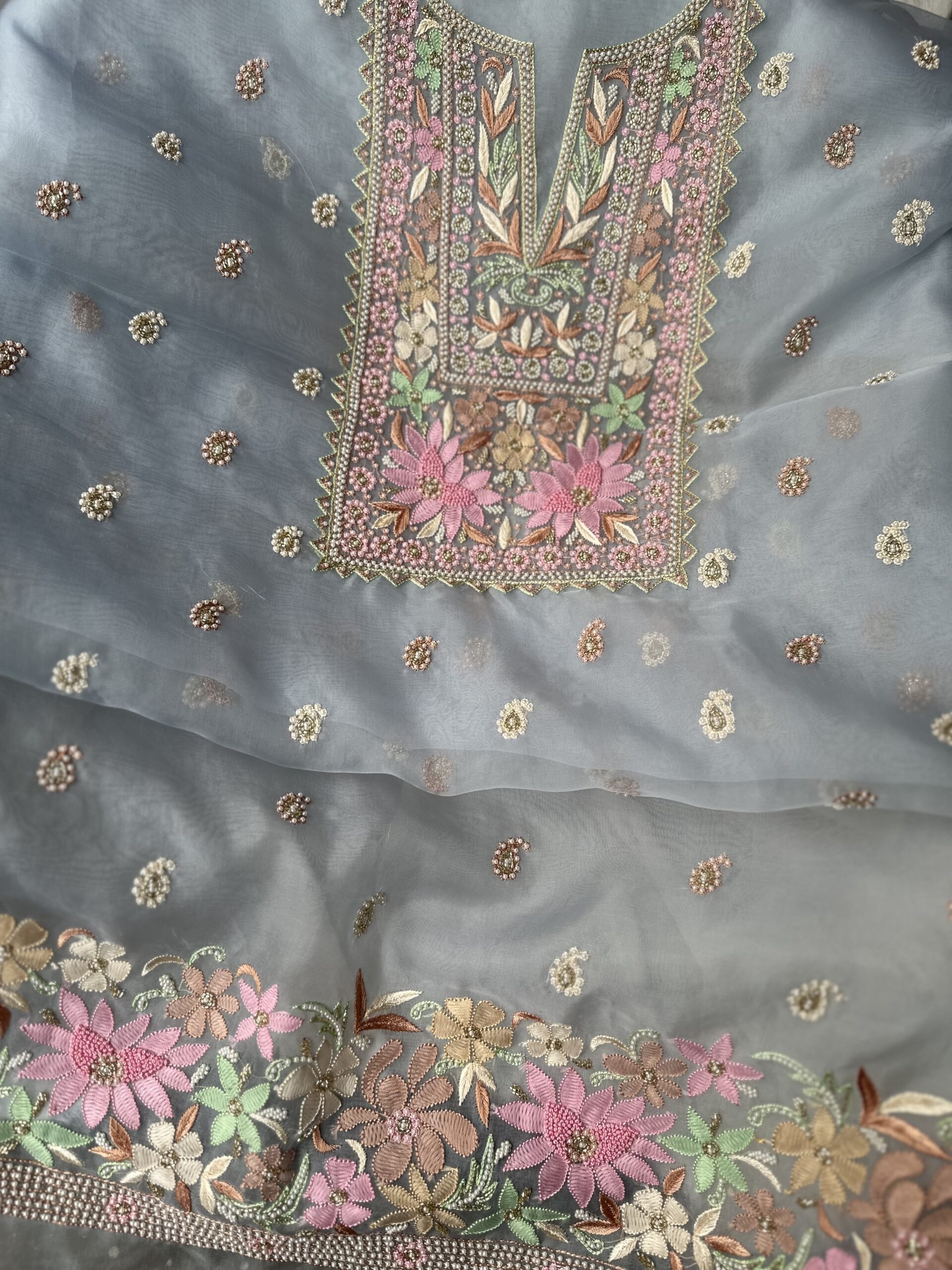 Pure Organza Silk Unstitched Fabric With Dupatta With Fine Lucknowi Chikankari Beads And Pearls Work - Image 3