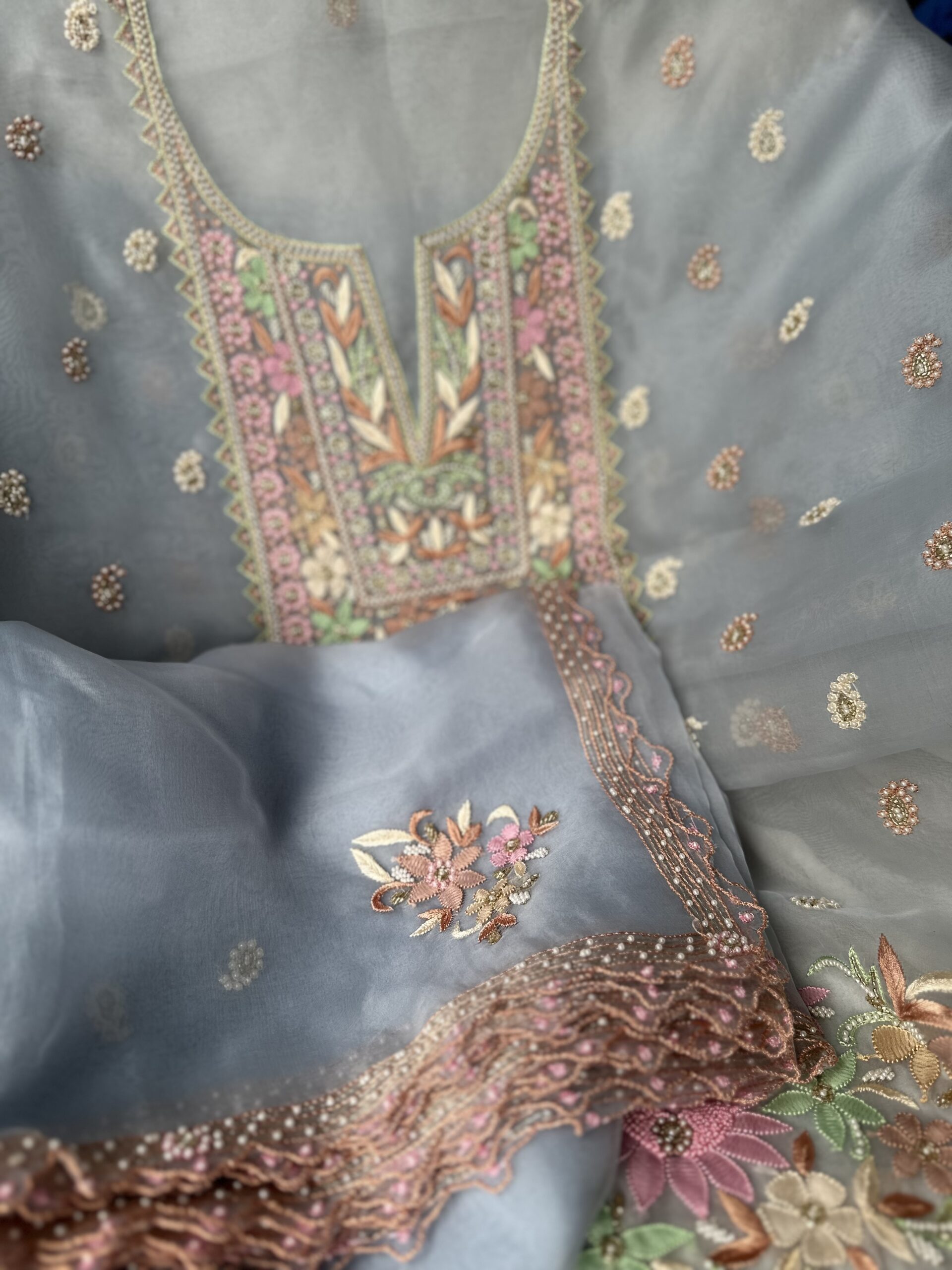 Pure Organza Silk Unstitched Fabric With Dupatta With Fine Lucknowi Chikankari Beads And Pearls Work - Image 4