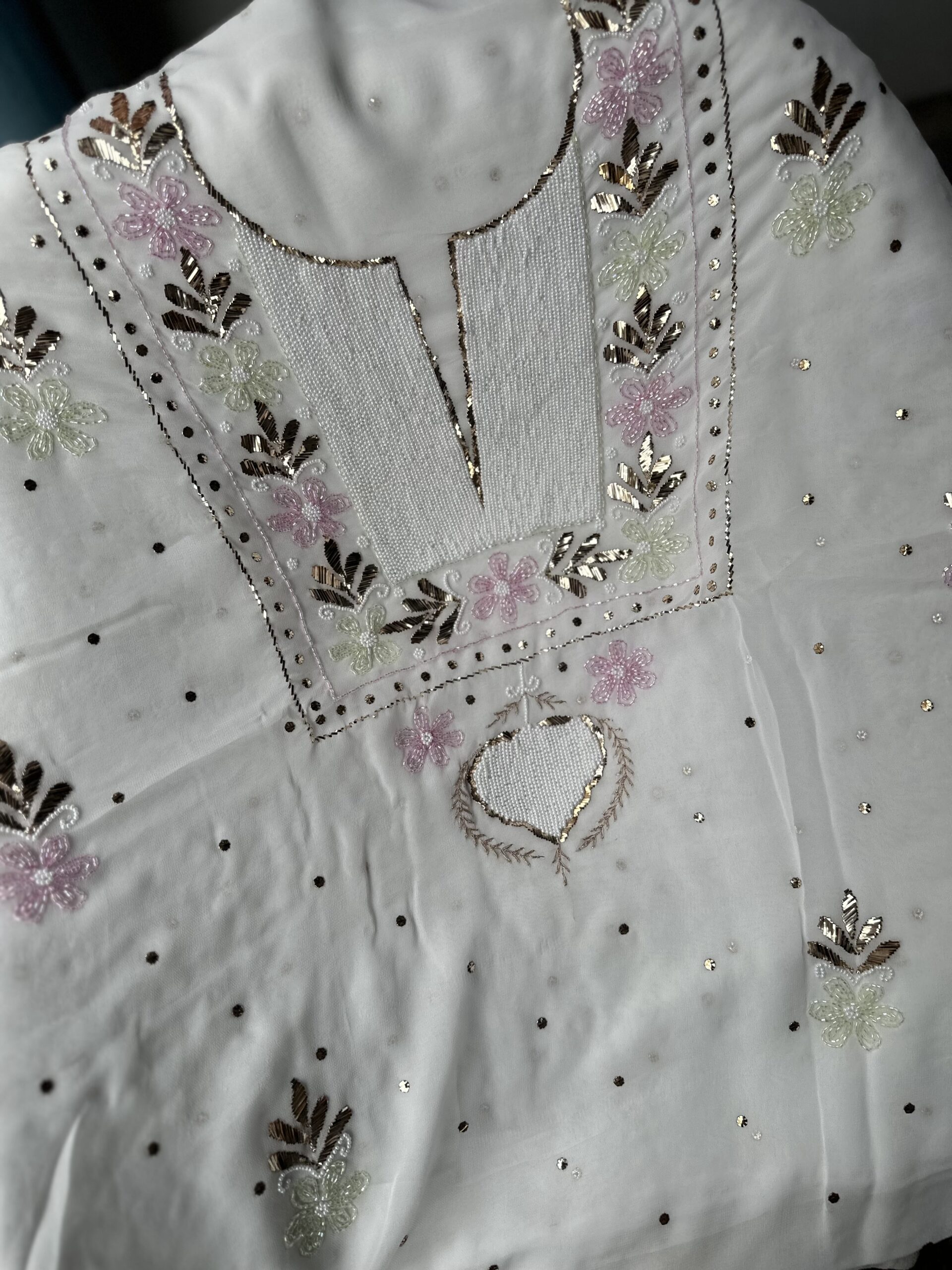 Viscose Georgette Unstitched Kurta and dupatta set with beads and pearls work