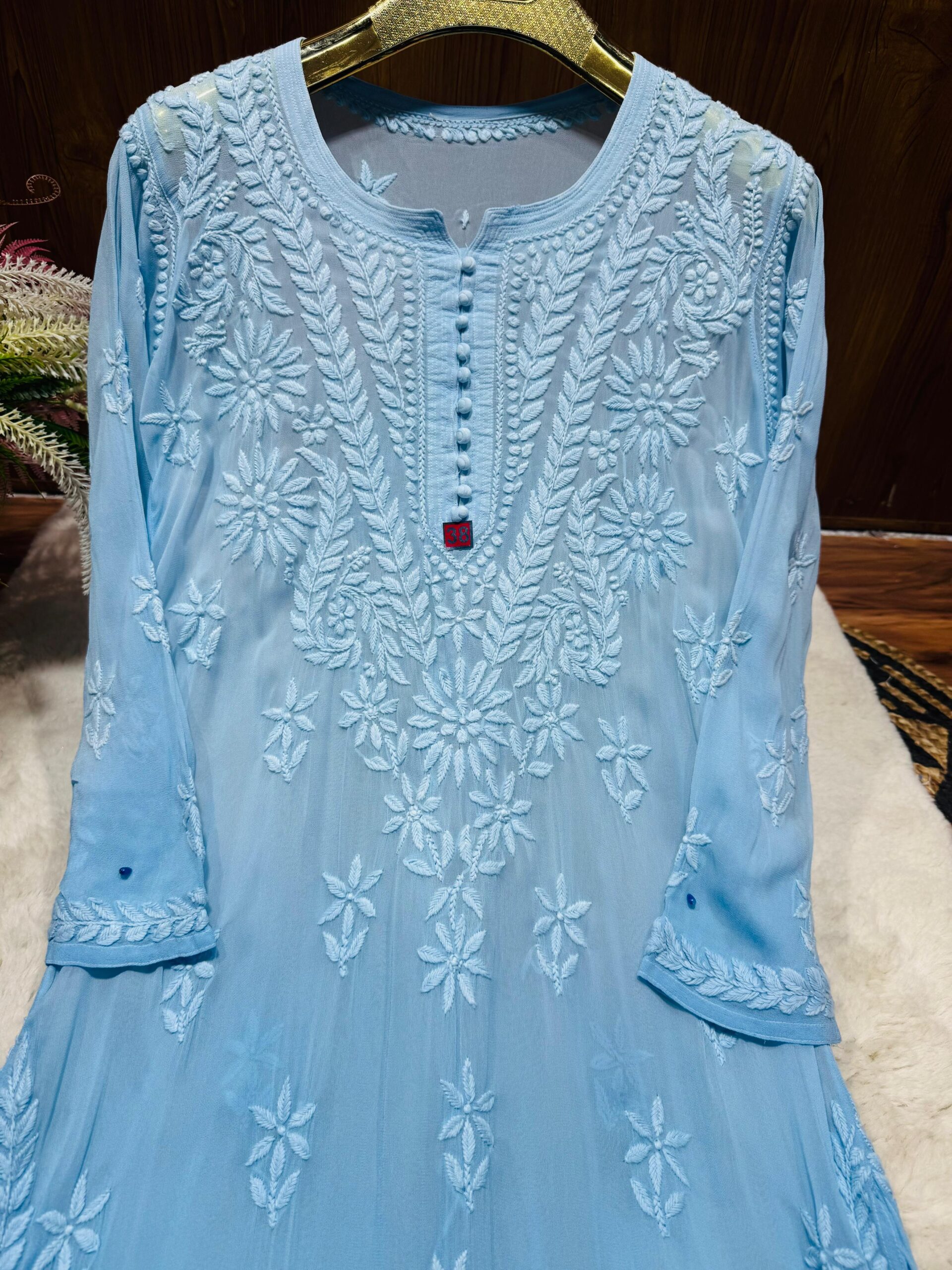 Viscose Georgette Chikankari Plazzo Set With Chiffon Lace Dupatta