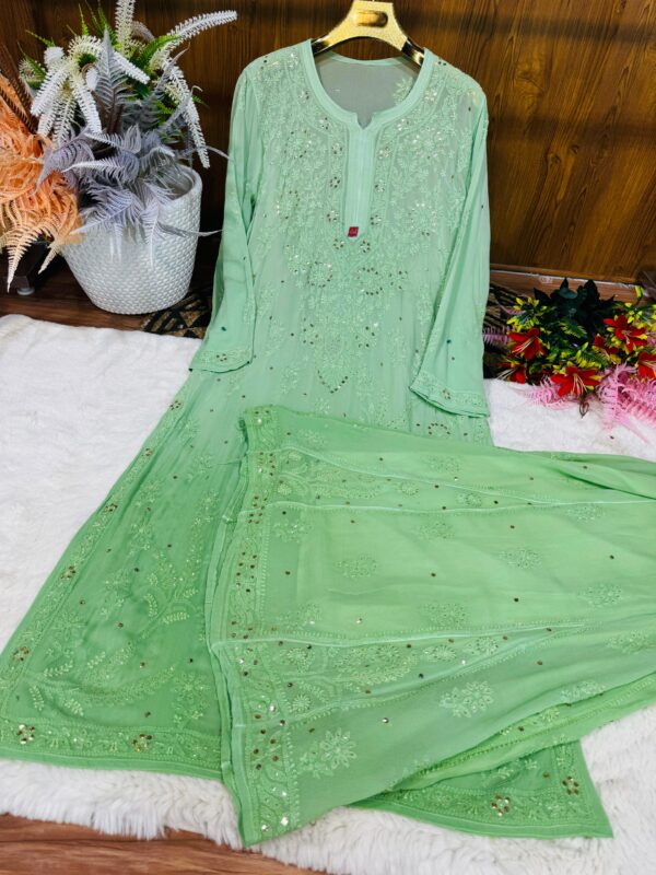 Viscose Georgette Chikankari  Mukaish Kurti & Kalidaar Sharara set - Image 5