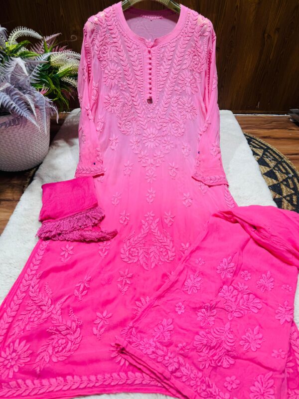 Viscose Georgette Chikankari Plazzo Set With Chiffon Lace Dupatta - Image 2