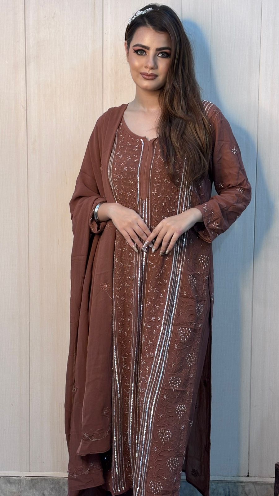 Kaur Preet Mocha Brown Viscose Chikankari Pant Set With Intricate Fine Lucknowi Chikankari And Moti And Cutdana Work
