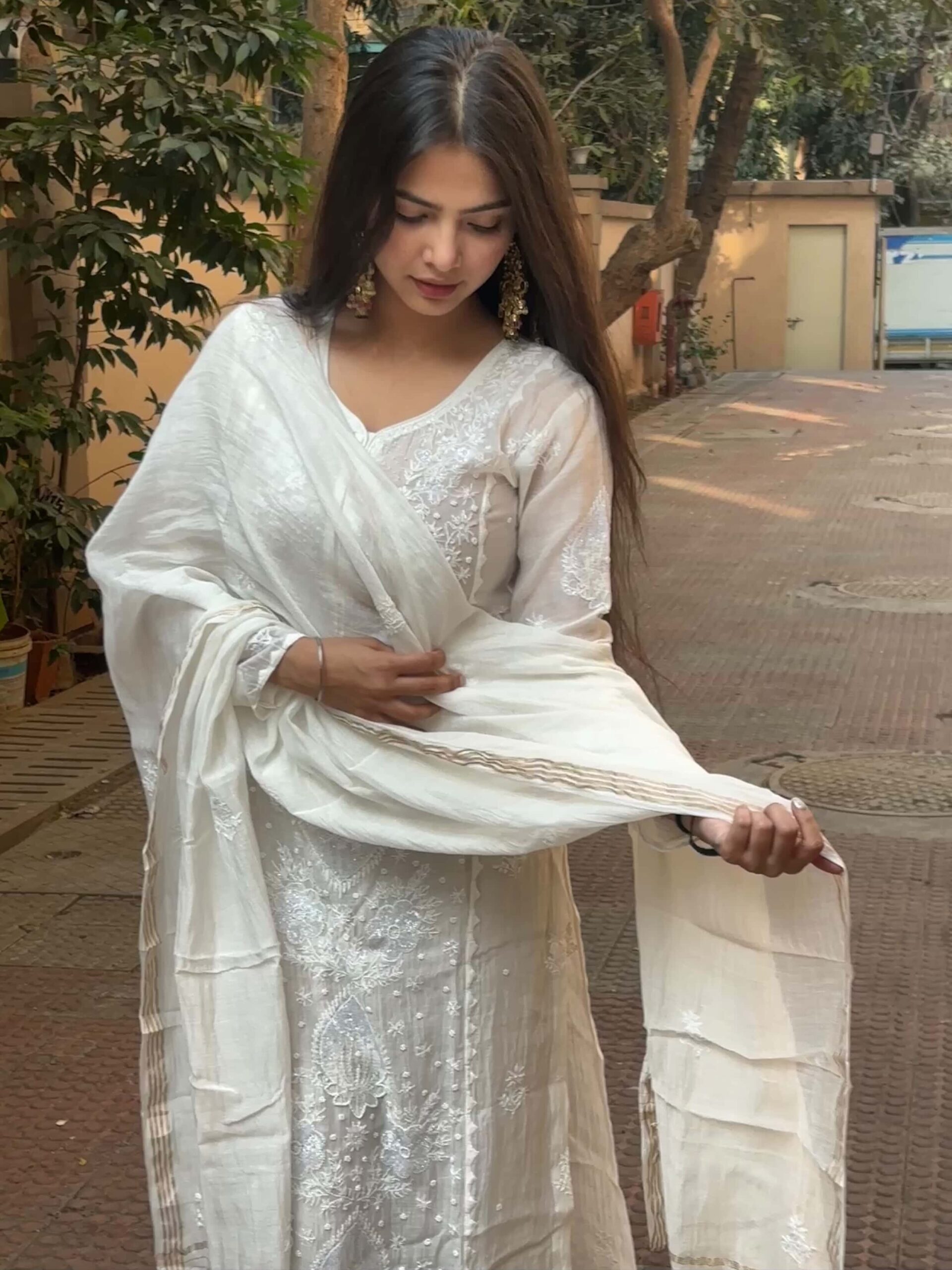 MUL CHANDERI KURTA AND DUPATTA With  Fine Lucknowi Chikankari and Beads work