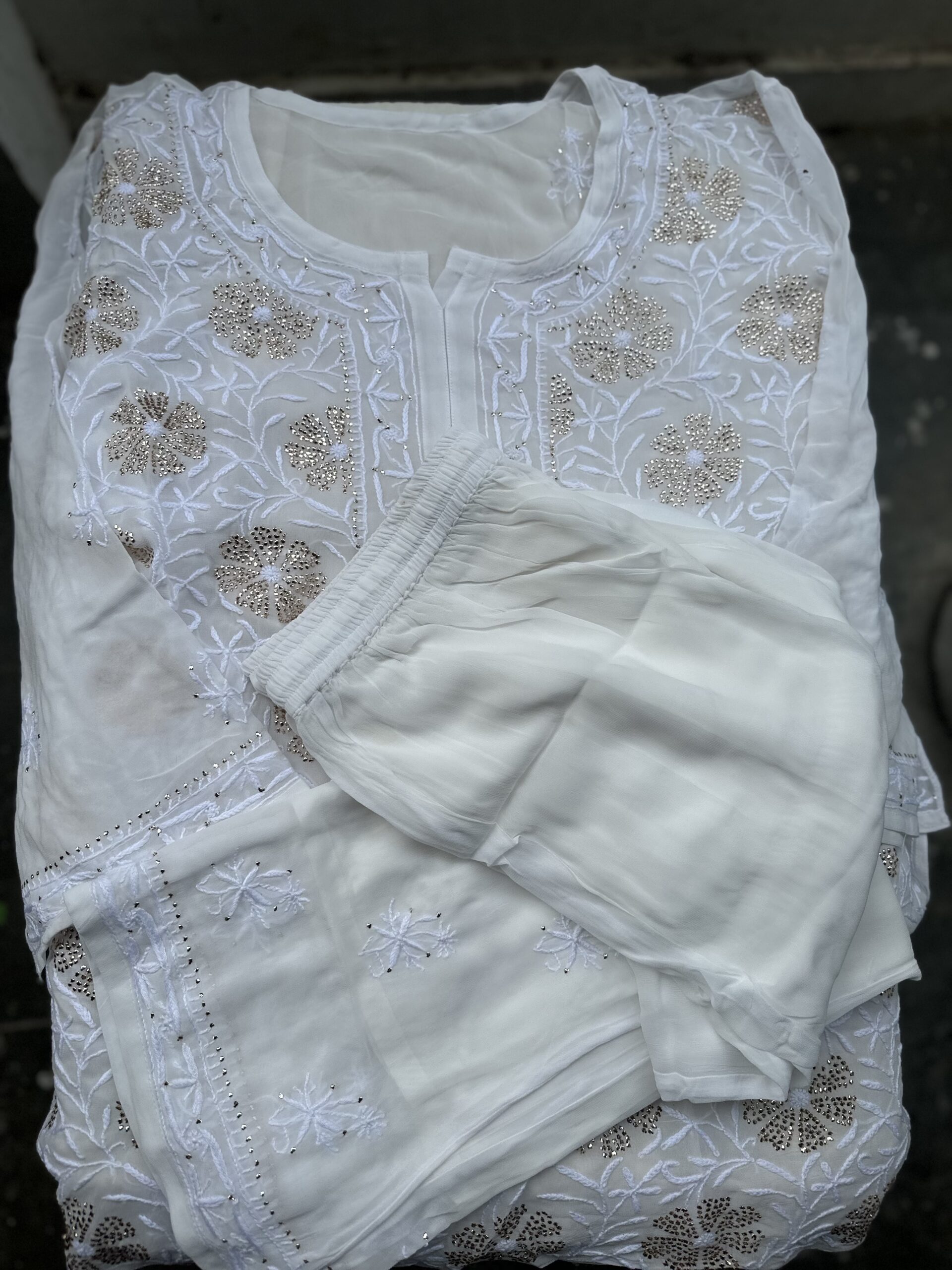Viscose Chikankari Plazzo set with Fine Lucknowi Chikankari with All Over Mukaish Work - Image 5