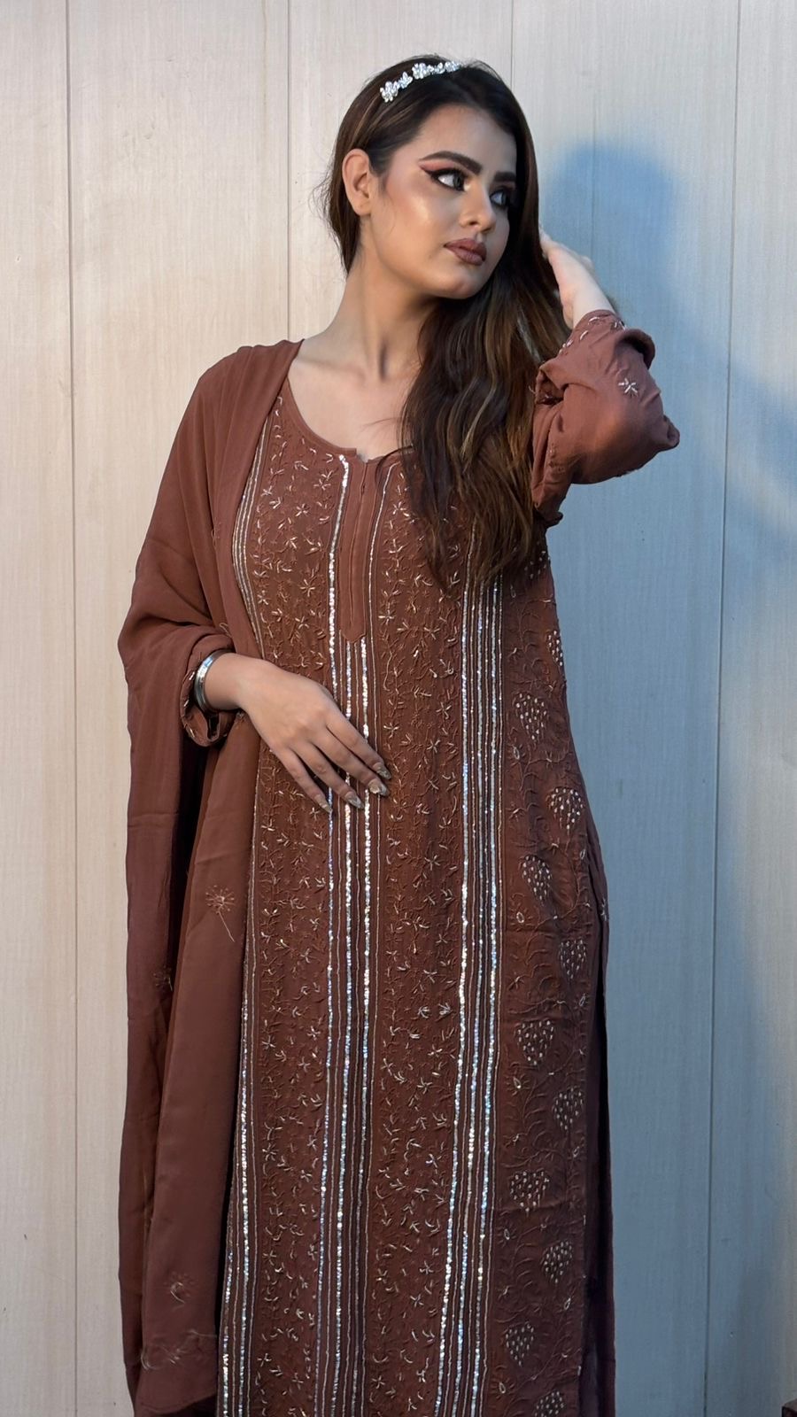 Kaur Preet Mocha Brown Viscose Chikankari Pant Set With Intricate Fine Lucknowi Chikankari And Moti And Cutdana Work - Image 2