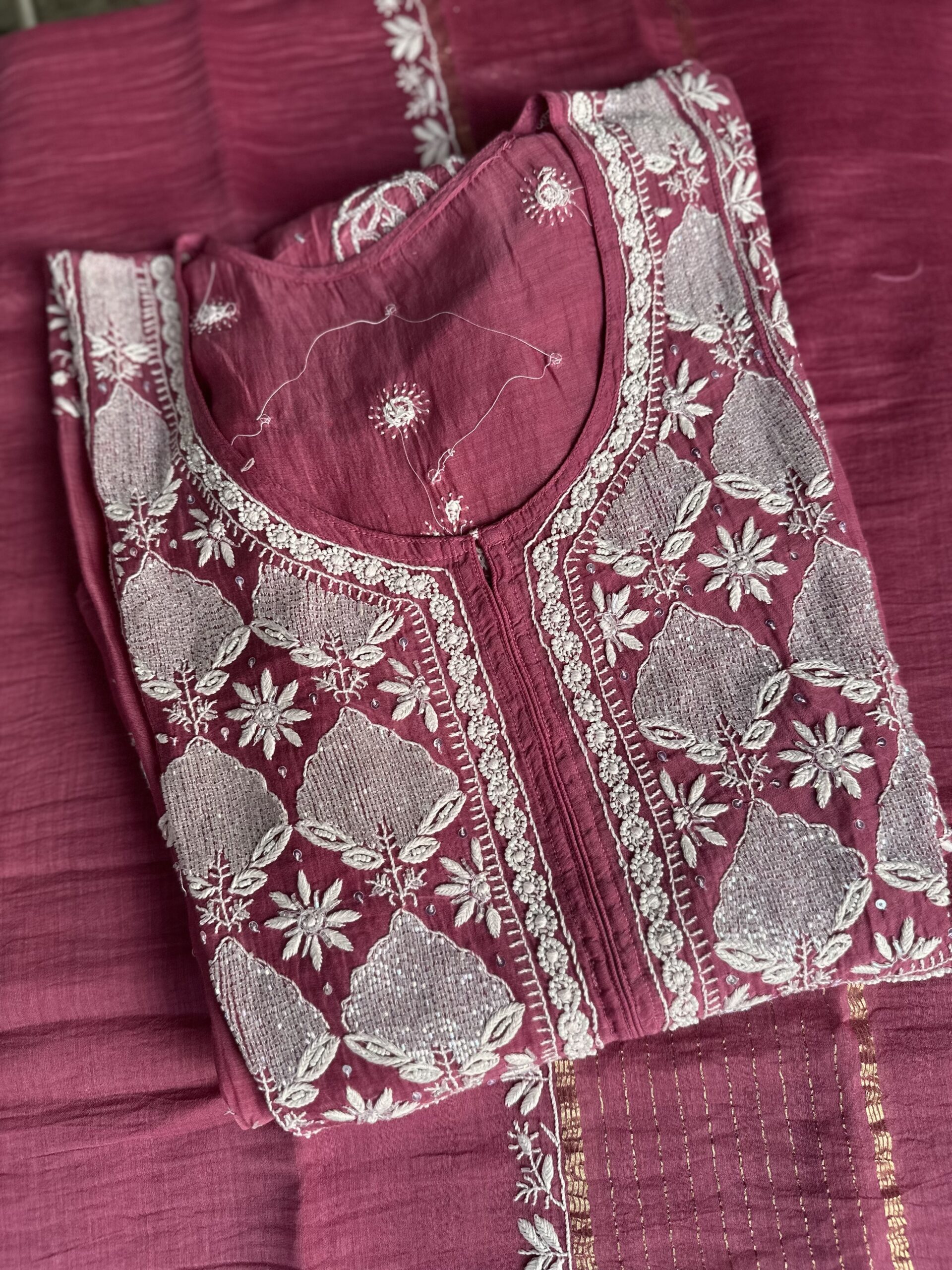 Wine Mul Chanderi A Line Kurta And Dupatta Set with fine lucknowi chikankari beads and cutdana embellishment - Image 2