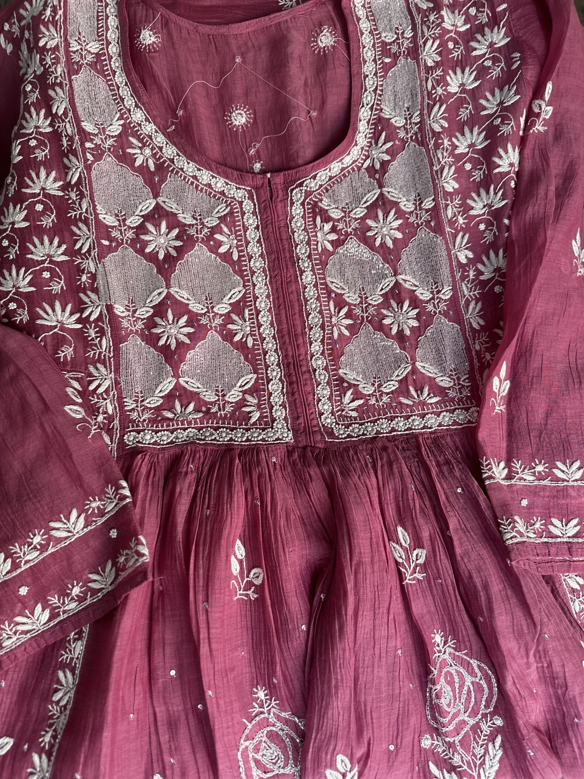 Wine Mul Chanderi A Line Kurta And Dupatta Set with fine lucknowi chikankari beads and cutdana embellishment