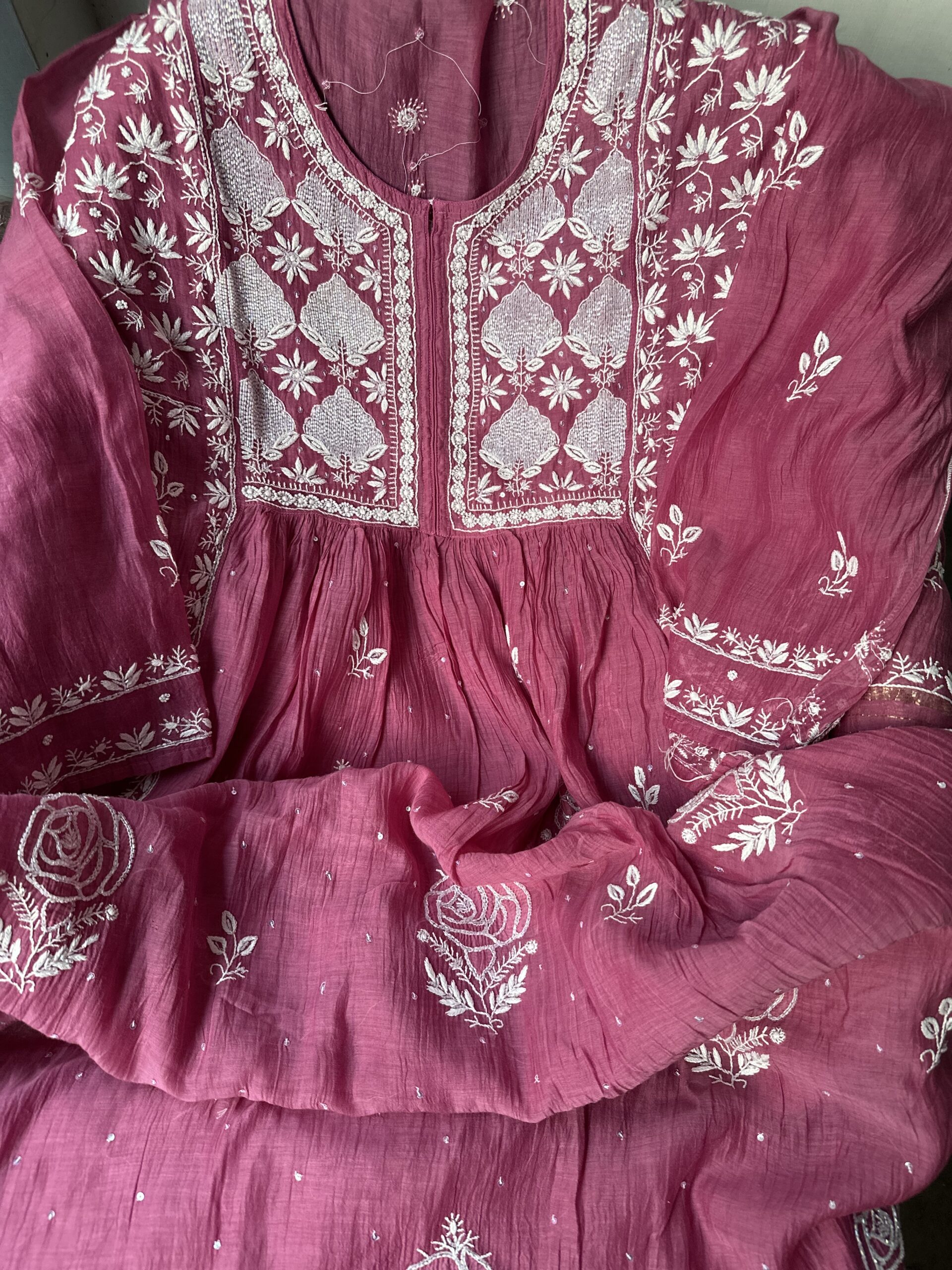 Wine Mul Chanderi A Line Kurta And Dupatta Set with fine lucknowi chikankari beads and cutdana embellishment - Image 3