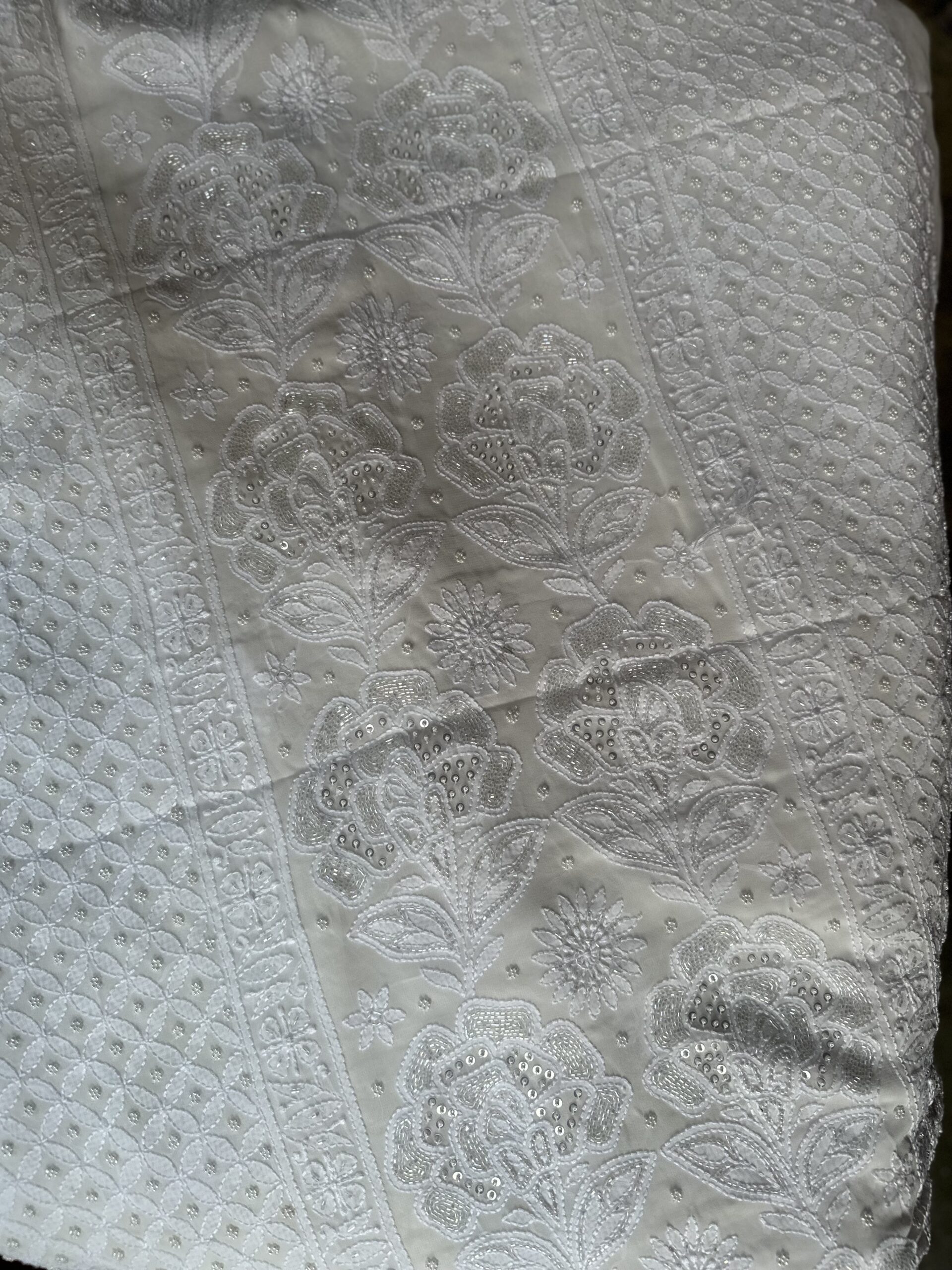 Viscose Phool Bel Design (Floral vine) Unstitched Kurta and Dupatta With Intricate Fine Lucknowi Chikankari And Moti And Cutdana Embellishment