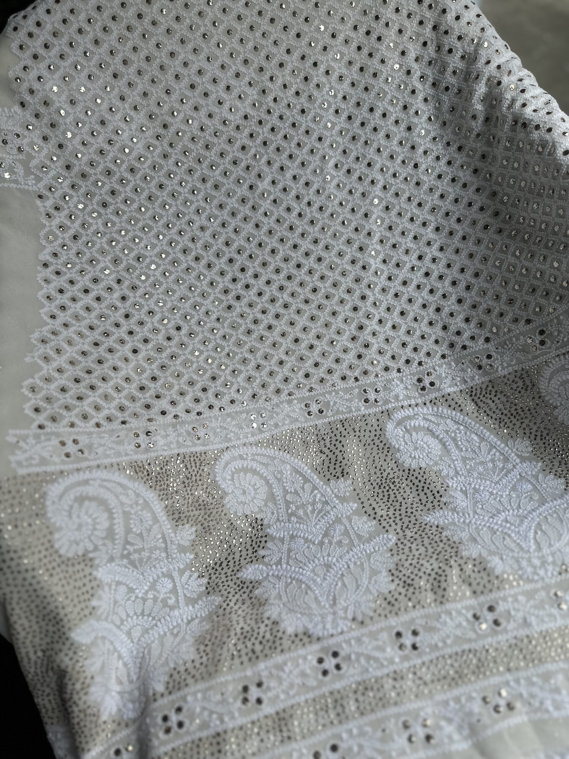 Pure Georgette Unstitched Kurta and dupatta set With Fine Lucknowi Chikankari And Mukaish Kamdani work