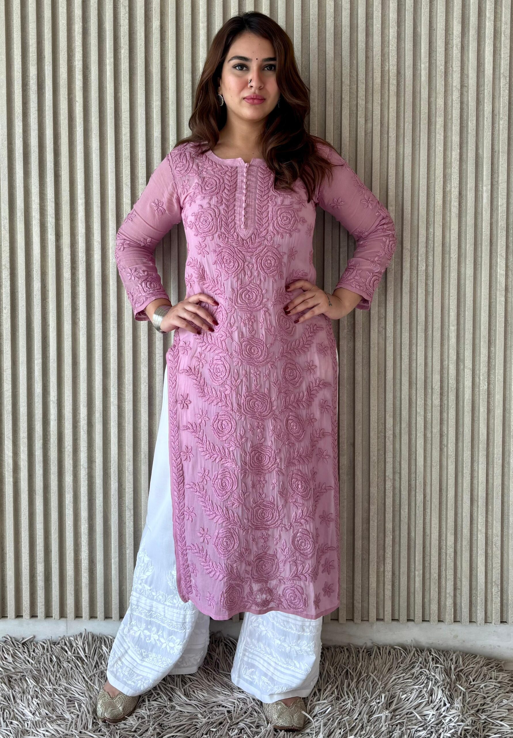 Viscose Chikankari Kurti With Ryon Plazzo Set