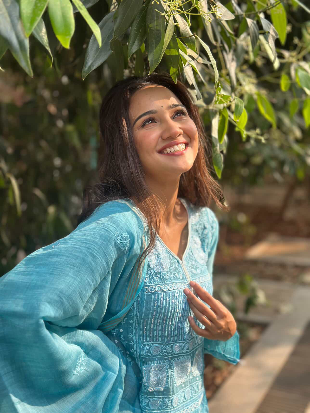Ashi Singh Mul Chanderi  Anarkali  and dupatta set with Fine Lucknowi  Chikankari Beads And Pearls work