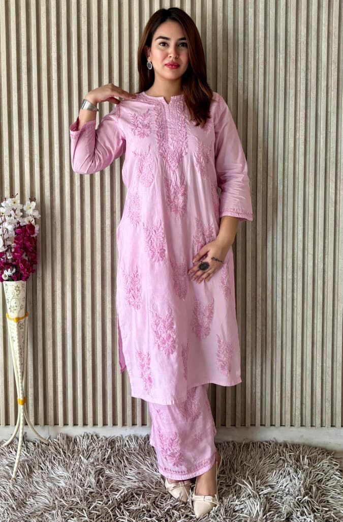 Mal Chanderi Chikankari Plazzo Set