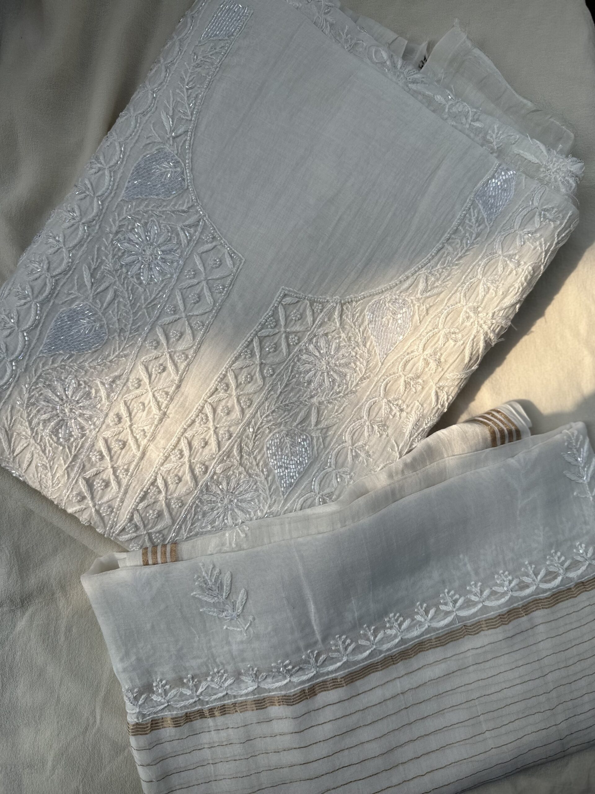 Mul Chanderi Unstitched Kurta Fabric  And dupatta With Fine Lucknowi Chikankari Beads and  Pearls work