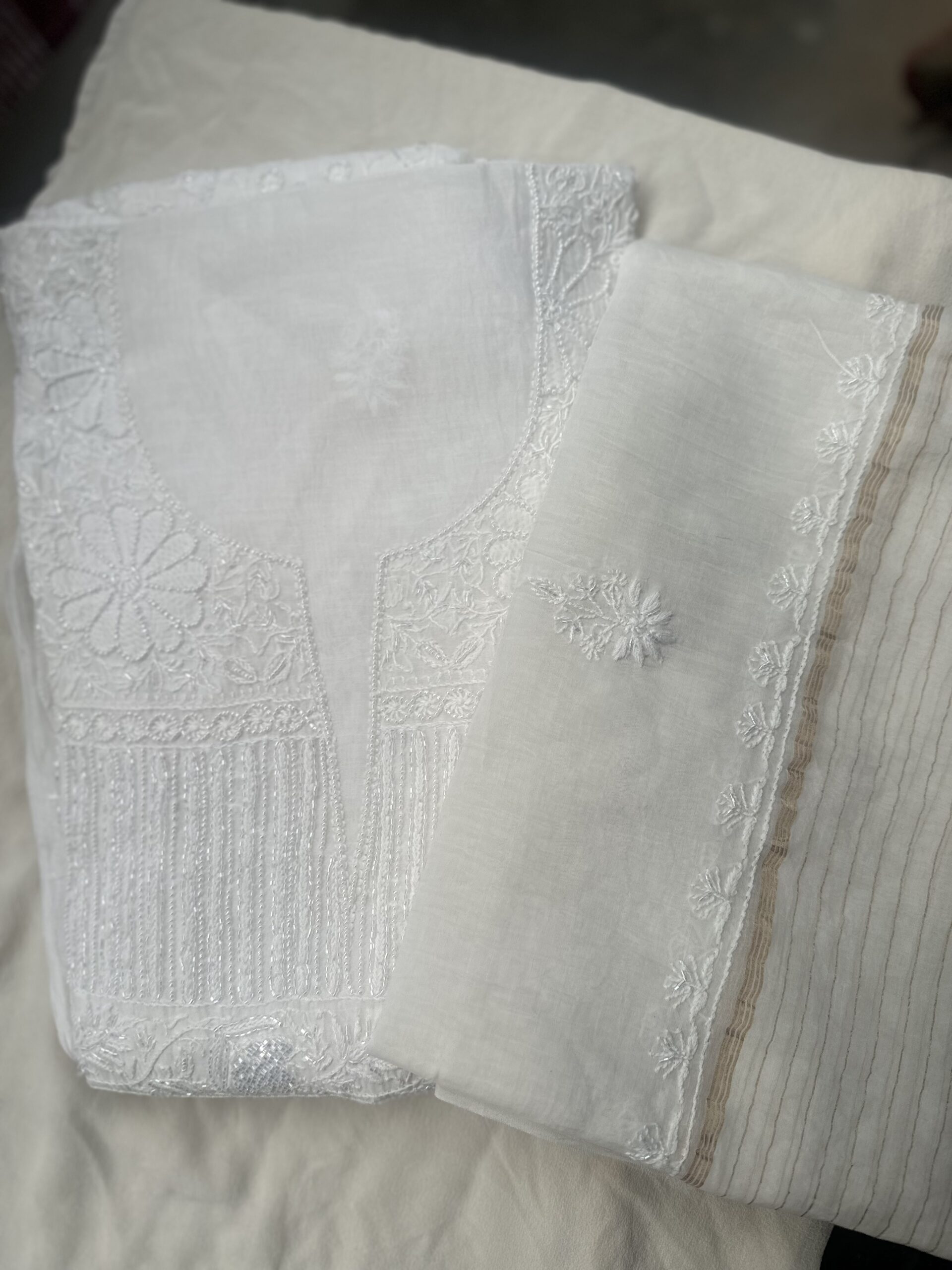 Mul Chanderi  Anarkali  and dupatta set with Fine Lucknowi  Chikankari Beads And Pearls work