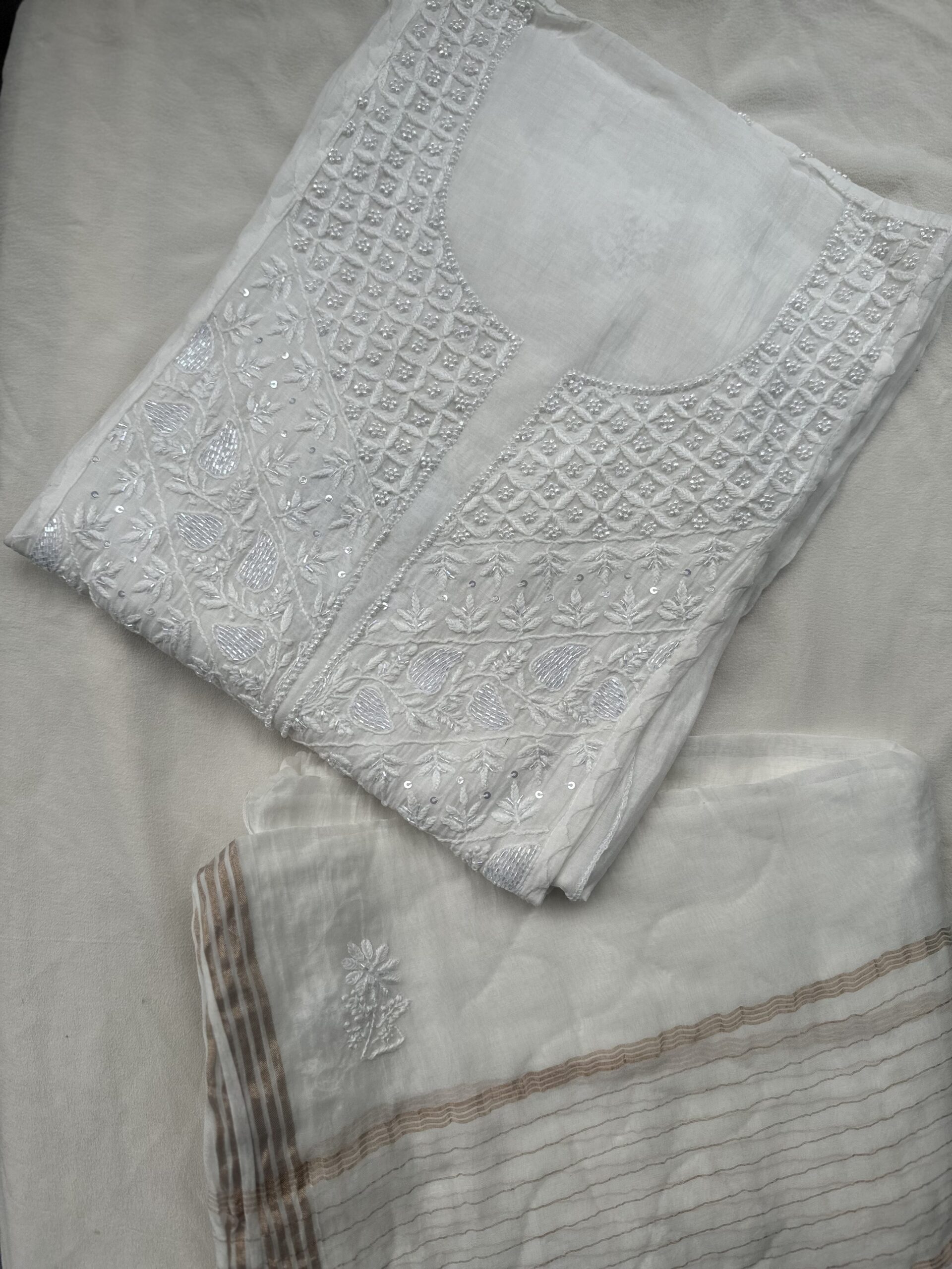 MUL CHANDERI KURTA AND DUPATTA With  Fine Lucknowi Chikankari and Beads work