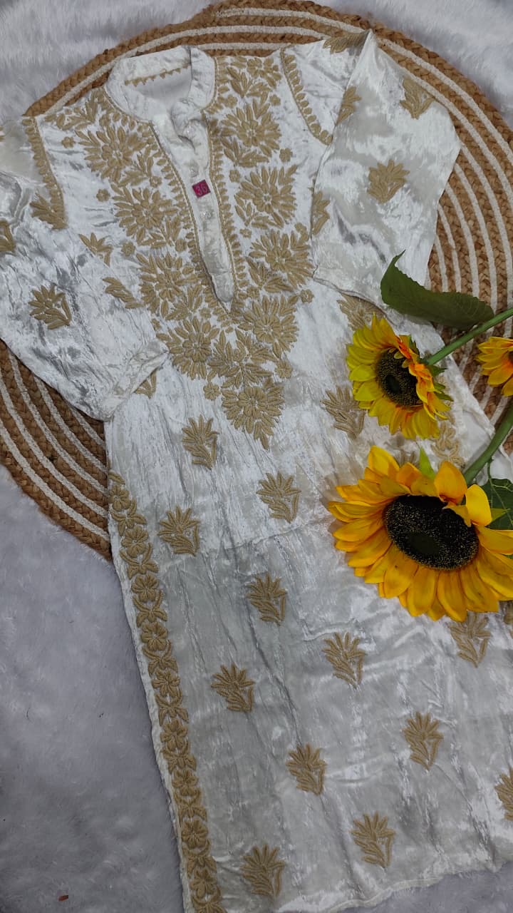 VelVet Chikankari Kurti with fine lucknowi chikankari work