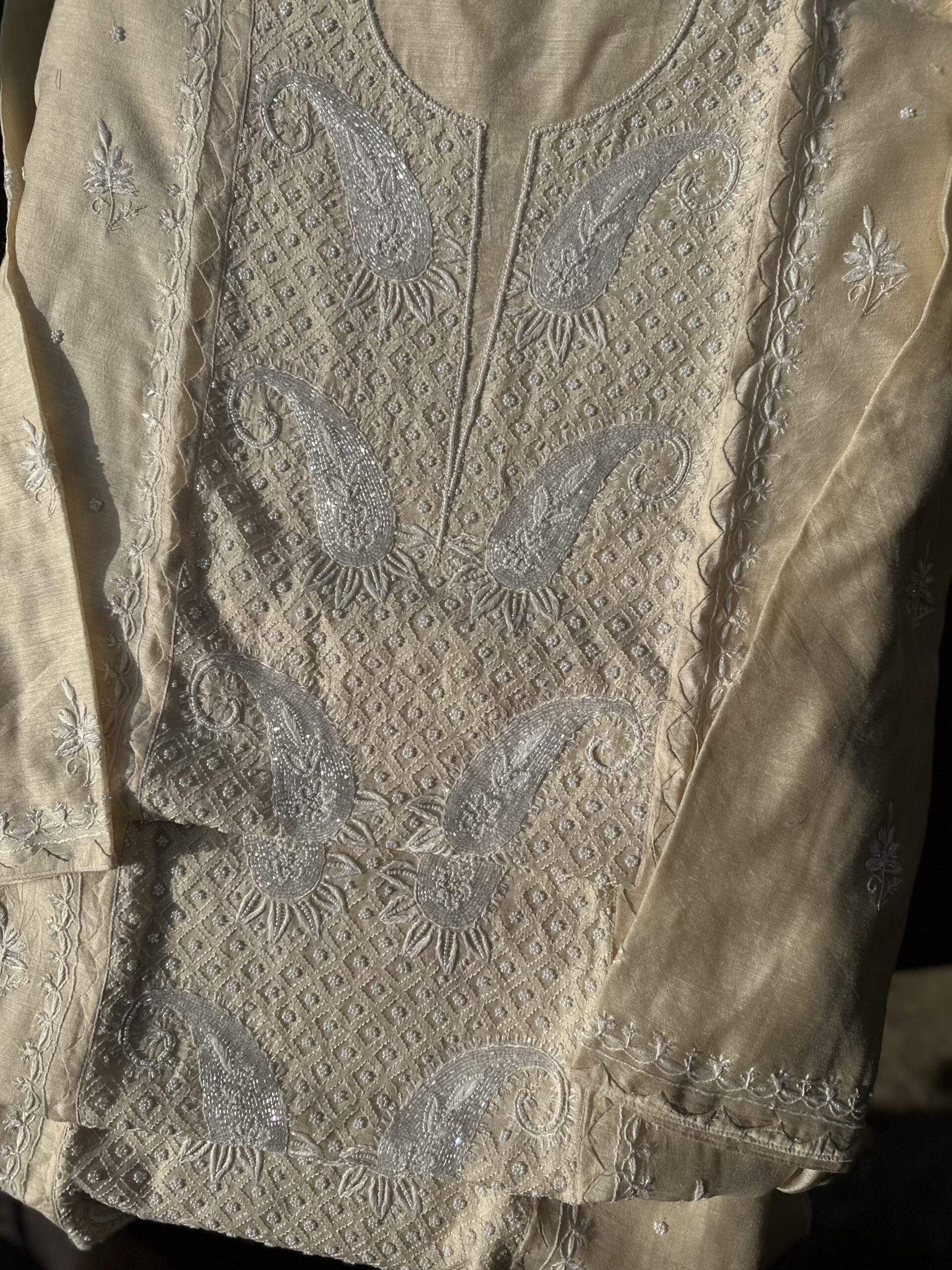 Natural Moonga Silk Kurta And Dupatta Set With Fine Lucknowi Chikankari  Beads and  Pearls Embellishment