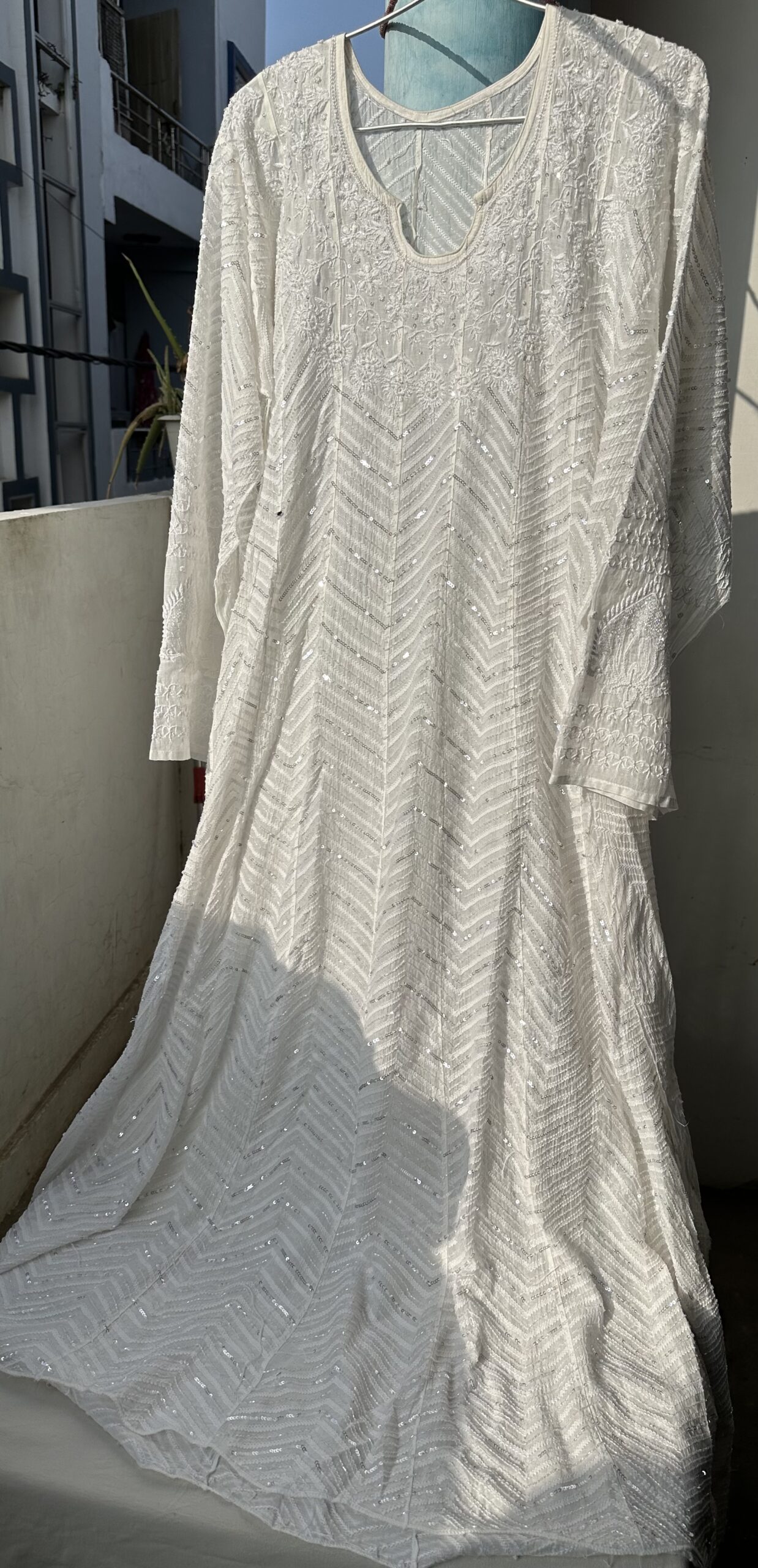 Mul Chanderi  Front And Back  Anarkali  and dupatta set with Fine Lucknowi  Chikankari Beads And Pearls work