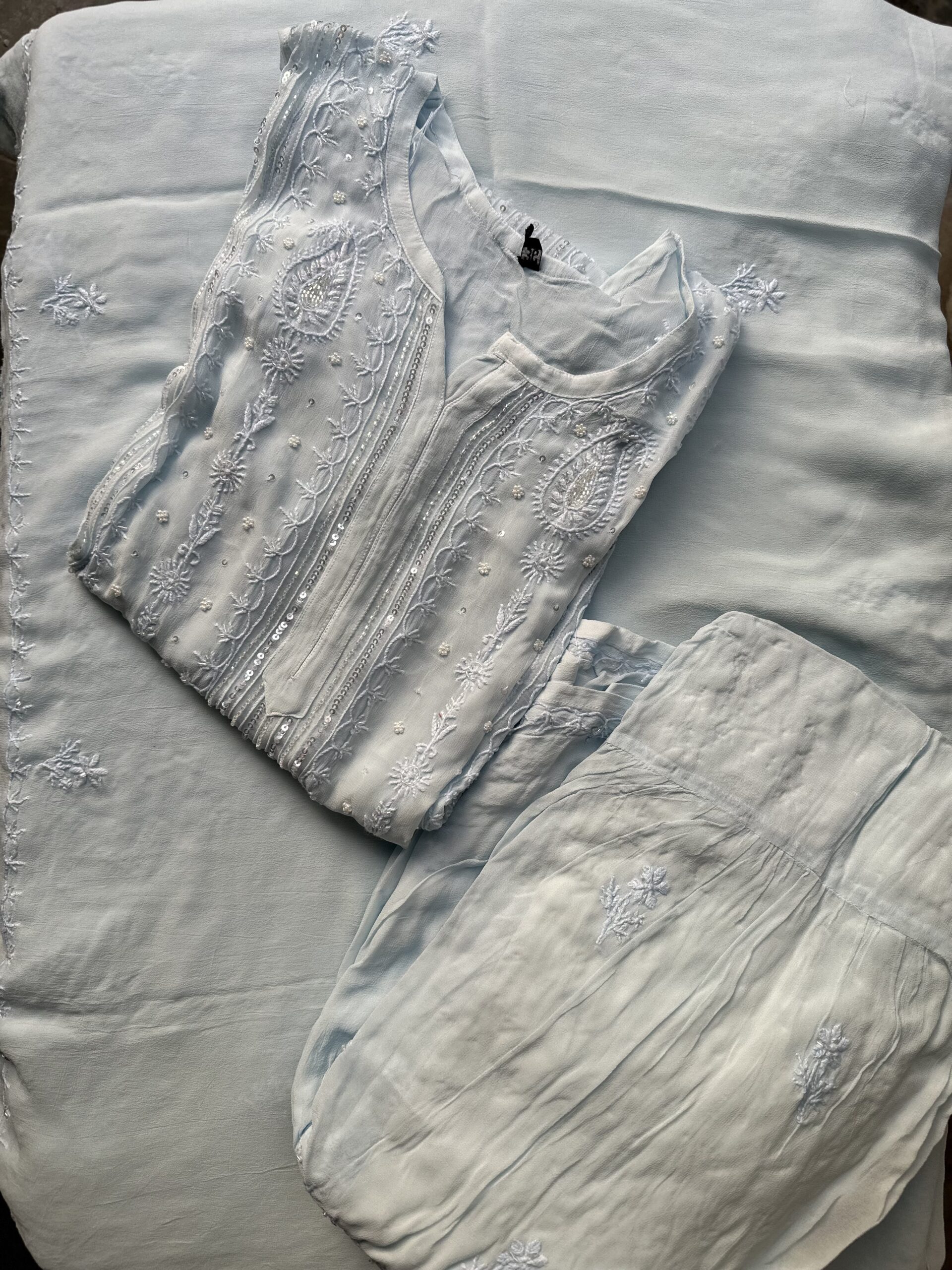 Powder Blue Viscose Georgette Chikankari Plazzo Set With Beads And Pearls  Work