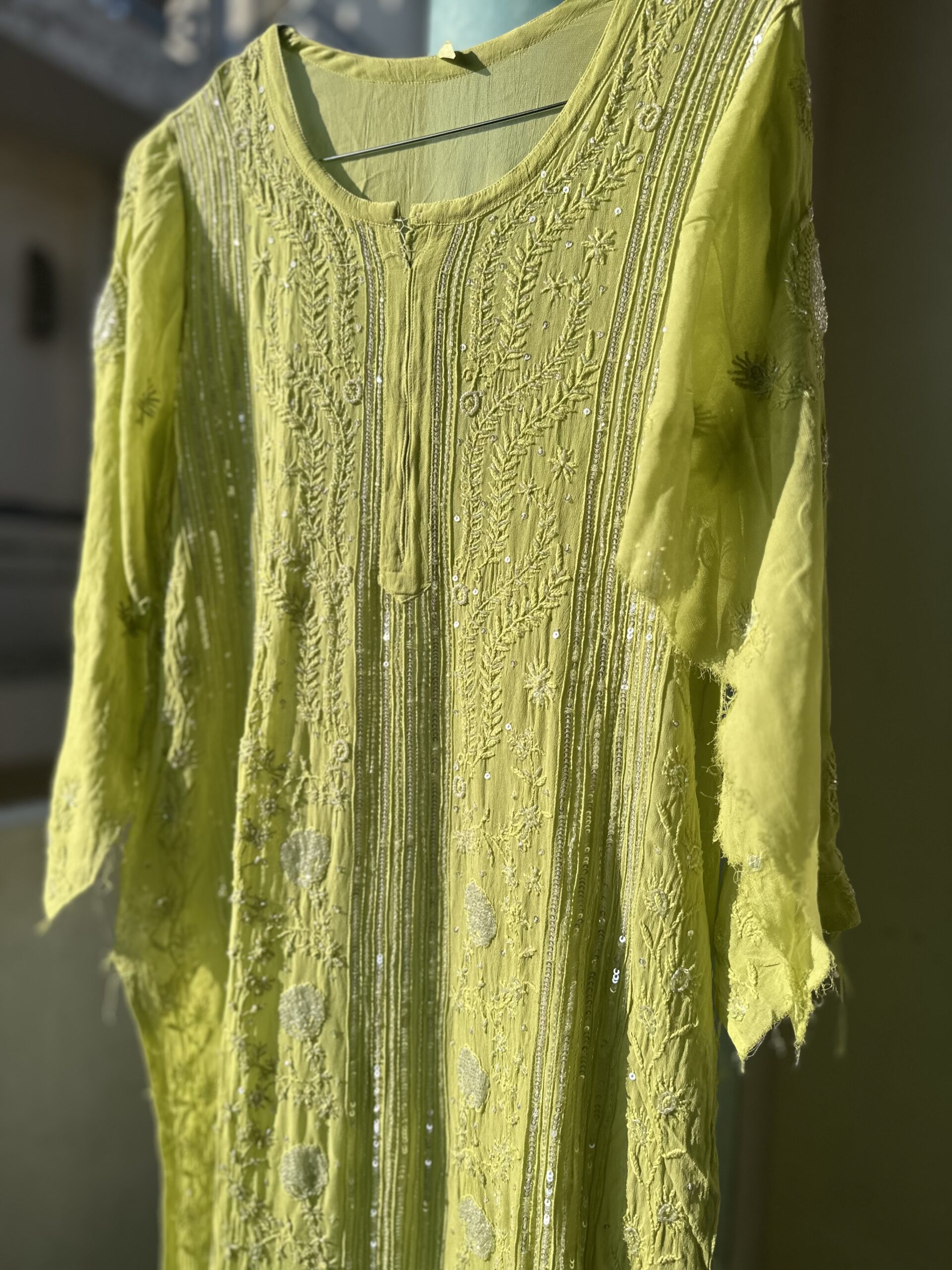 Lime Green Viscose Georgette Chikankari Plazzo Set With Beads And Pearls  Work