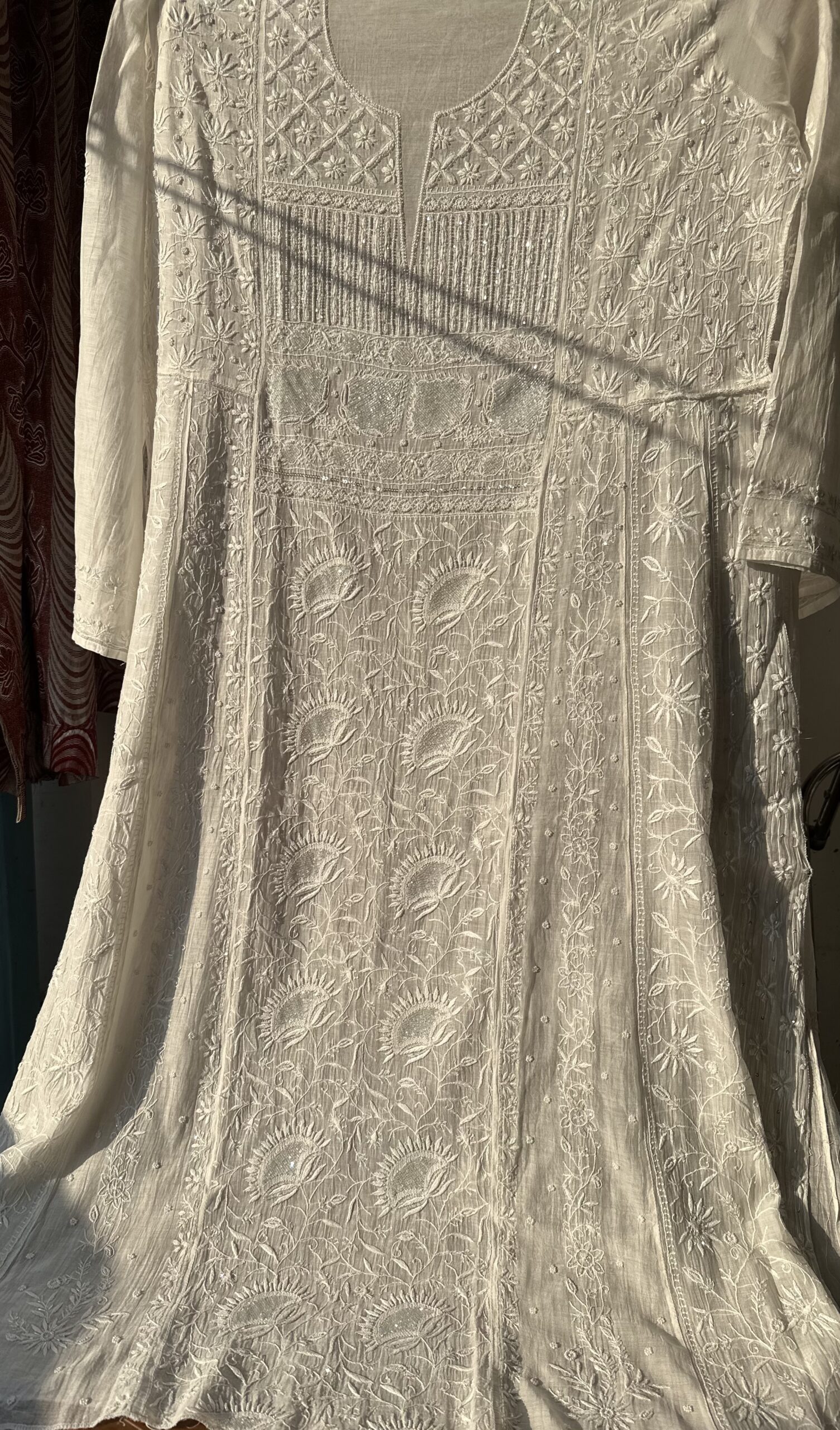 Mul Chanderi  Anarkali  and dupatta set with Fine Lucknowi  Chikankari Beads And Pearls work