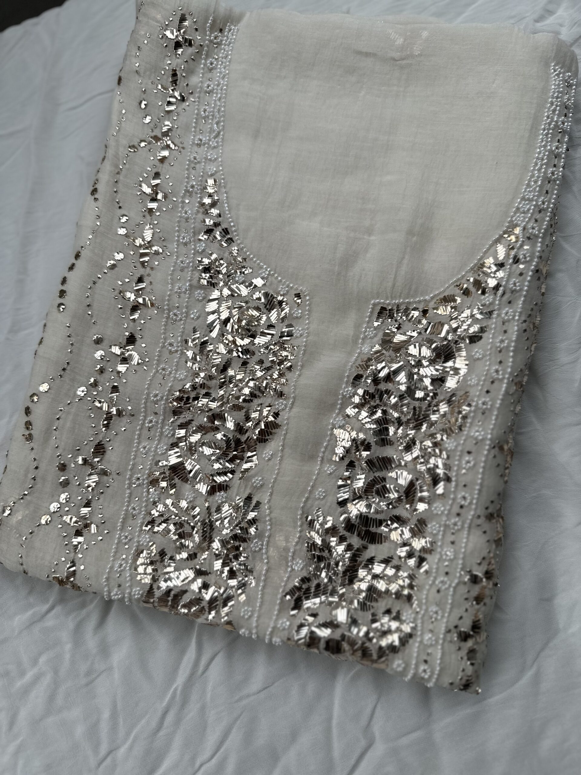 Mul Chanderi Unstitched Kurta and dupatta With  Mukaish and Pearls  work