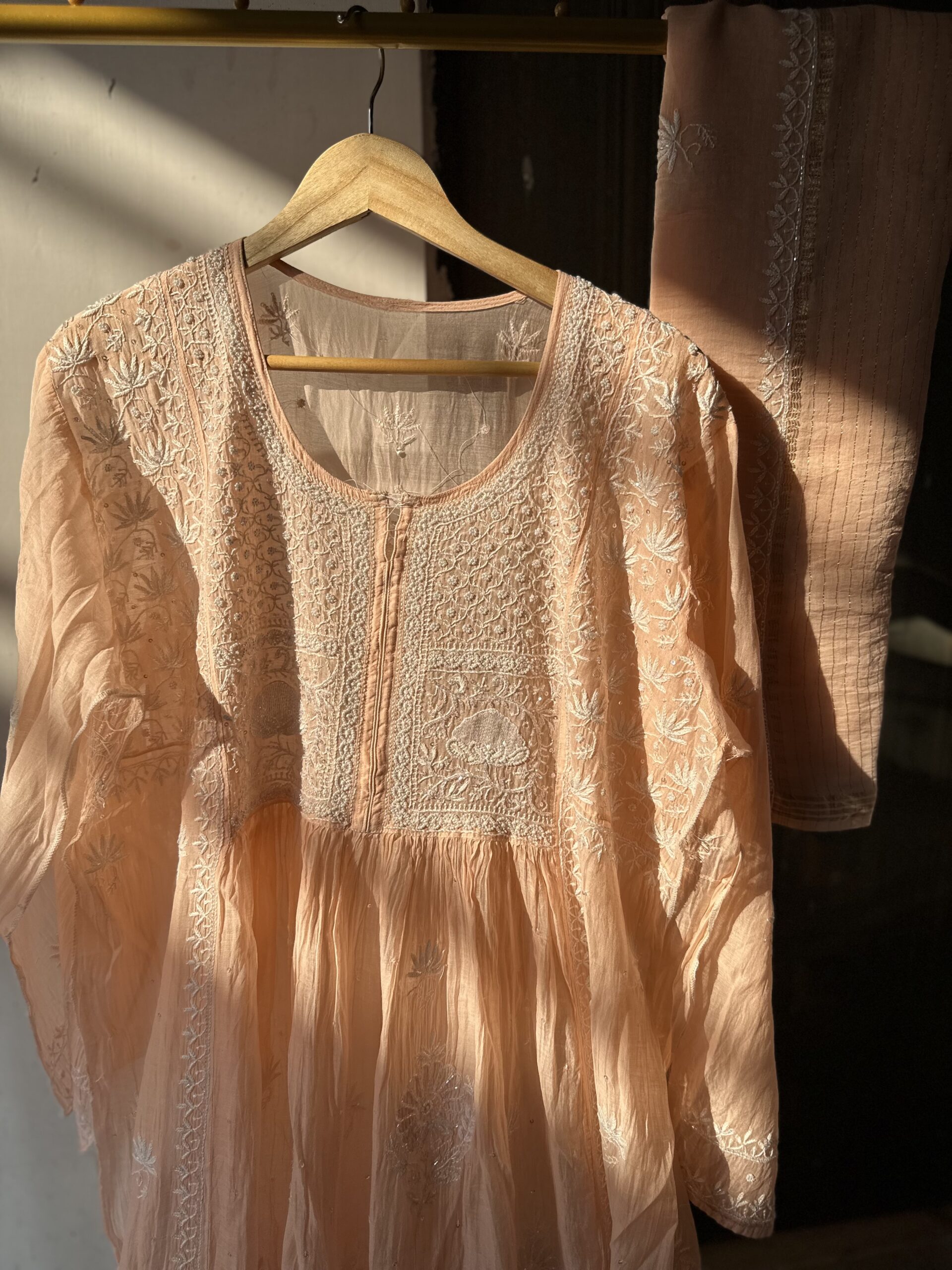 Mul Chanderi A Line Kurta And Dupatta Set With Fine Lucknowi Chikankari Beads and Cutdana work