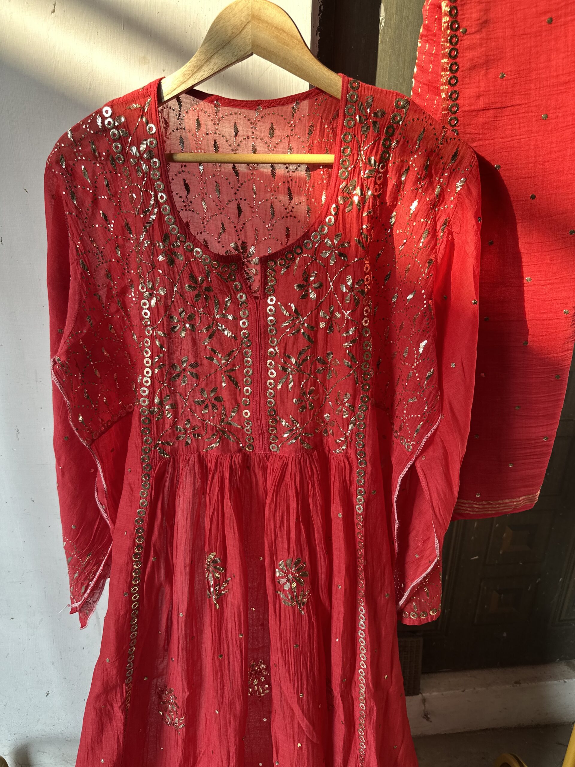 Red Mul Chanderi A LINE KURTA AND DUPATTA SET WITH  MUKAISH WORK