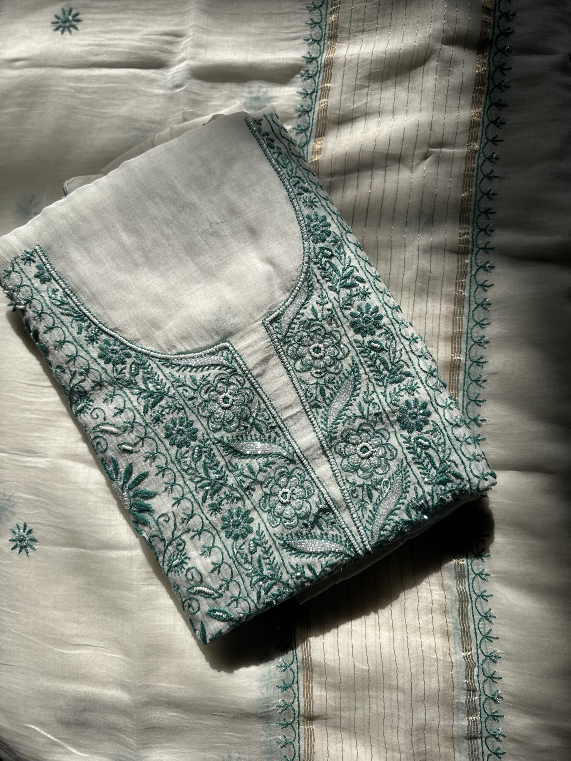 Mul Chanderi Unstitched Kurta And dupatta  Set With Fine Lucknowi Chikankari  Beads and  Pearls work