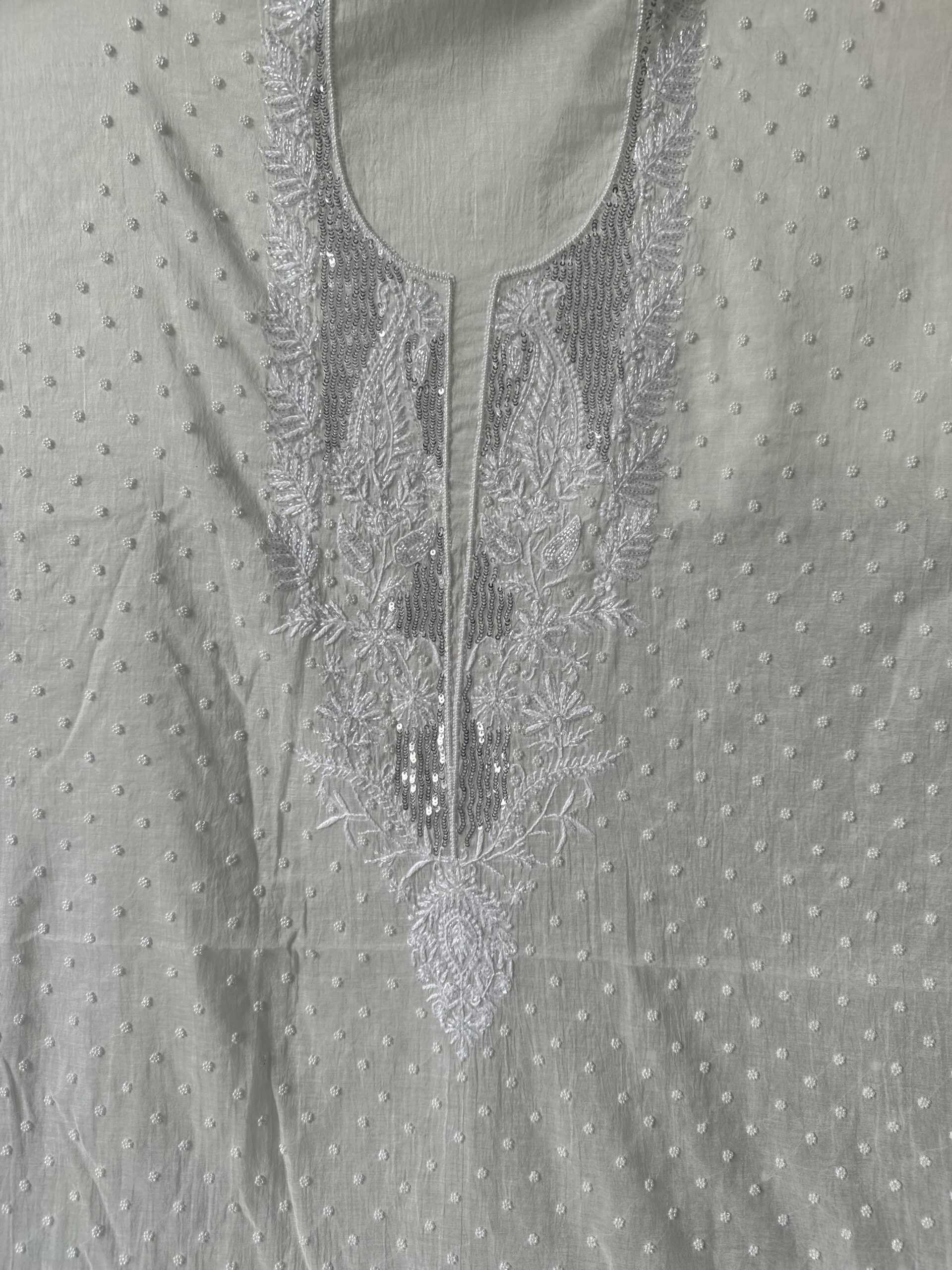 Mul Chanderi Unstitched Kurta  And All Over dupatta  Set With Fine Lucknowi Chikankari  Beads and  Pearls work