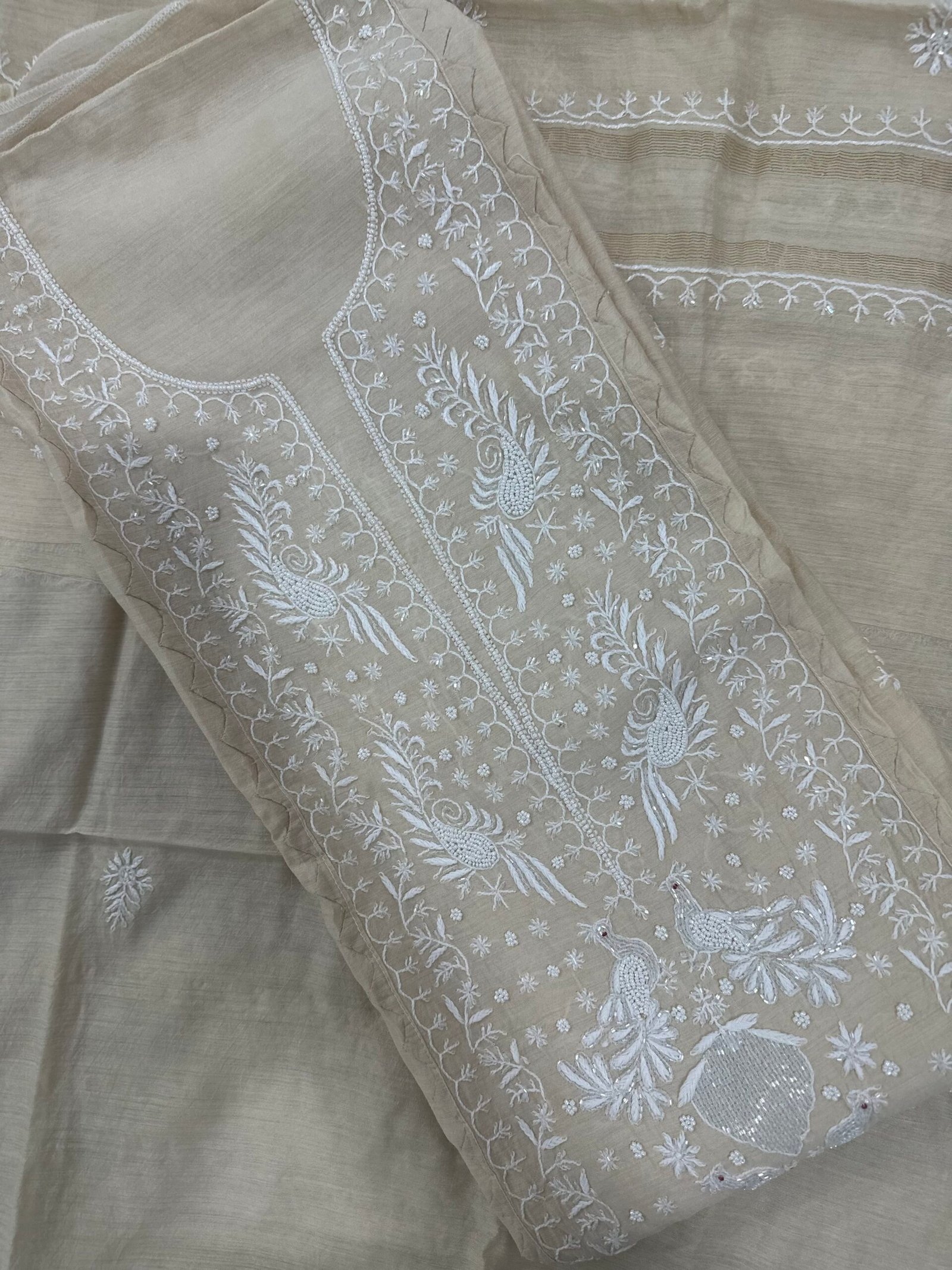 Natural Moonga Silk Kurta And Dupatta Set With Fine Lucknowi Chikankari  Beads and  Pearls Embellishment