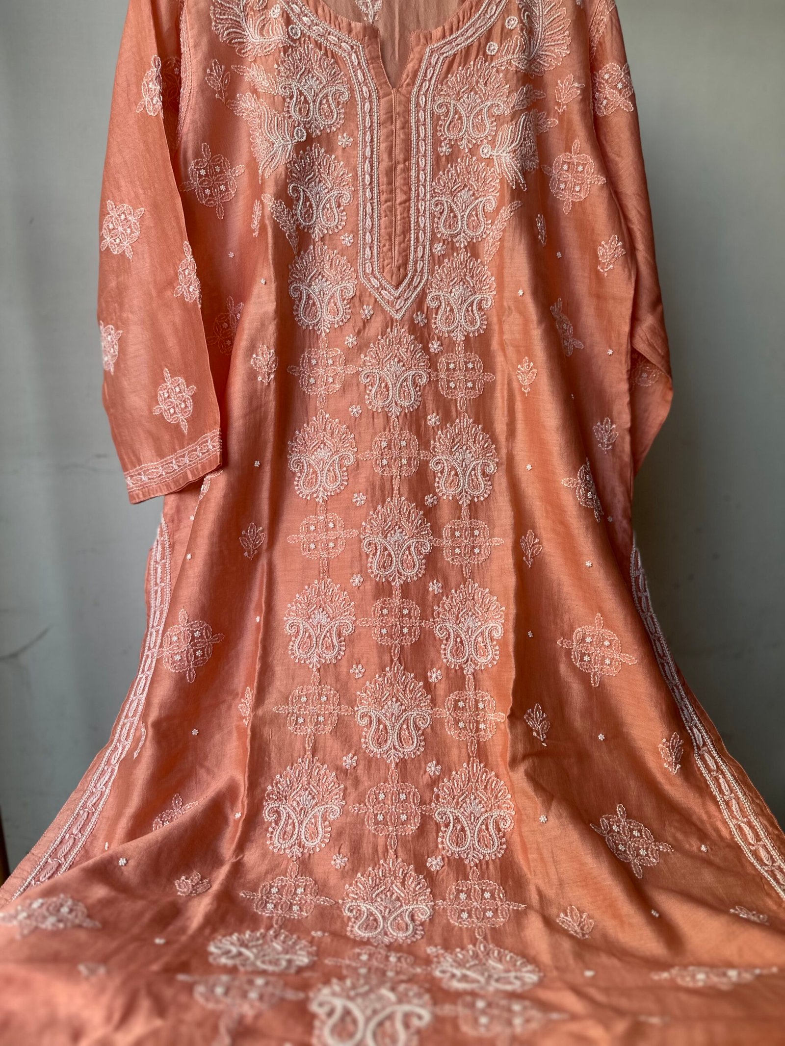 Mul Chanderi Silk Kurta and Pant Set with fine lucknowi chikankari beads and cutdana embellishment